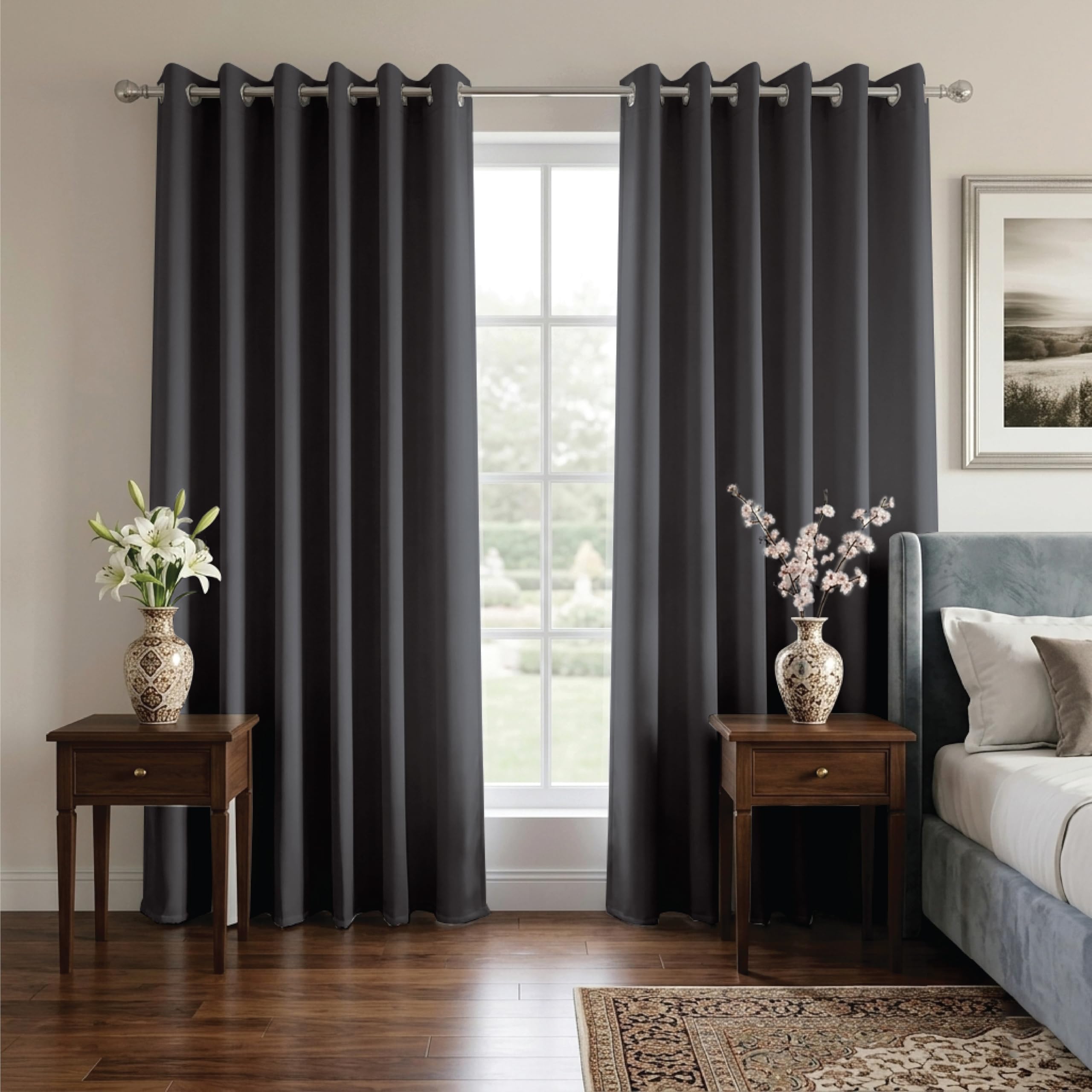 Ev Dekor® EVCRTN01 Thermal Blackout Curtains for Bedroom, Offices, Hotels Windows 66"(167cm) Wide X 72"(182cm) Long, Charcoal - 2 Panels with Tie Backs