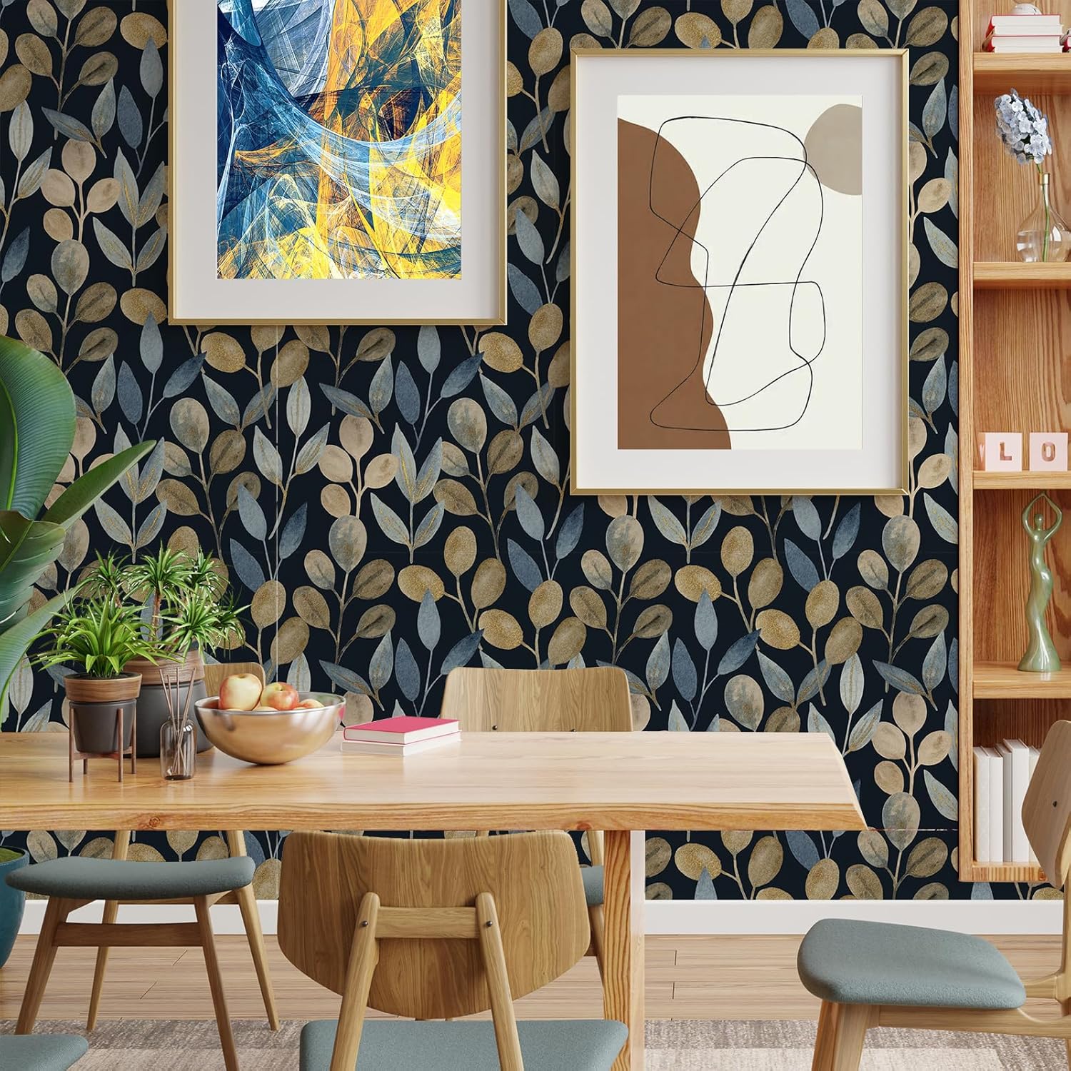 Black and Blue Gold Leaf Peel & Stick Wallpaper Floral Wallpaper for Bedroom Removable Vinyl Self Adhesive Mural Home Decor 17.7in x 9.84ft