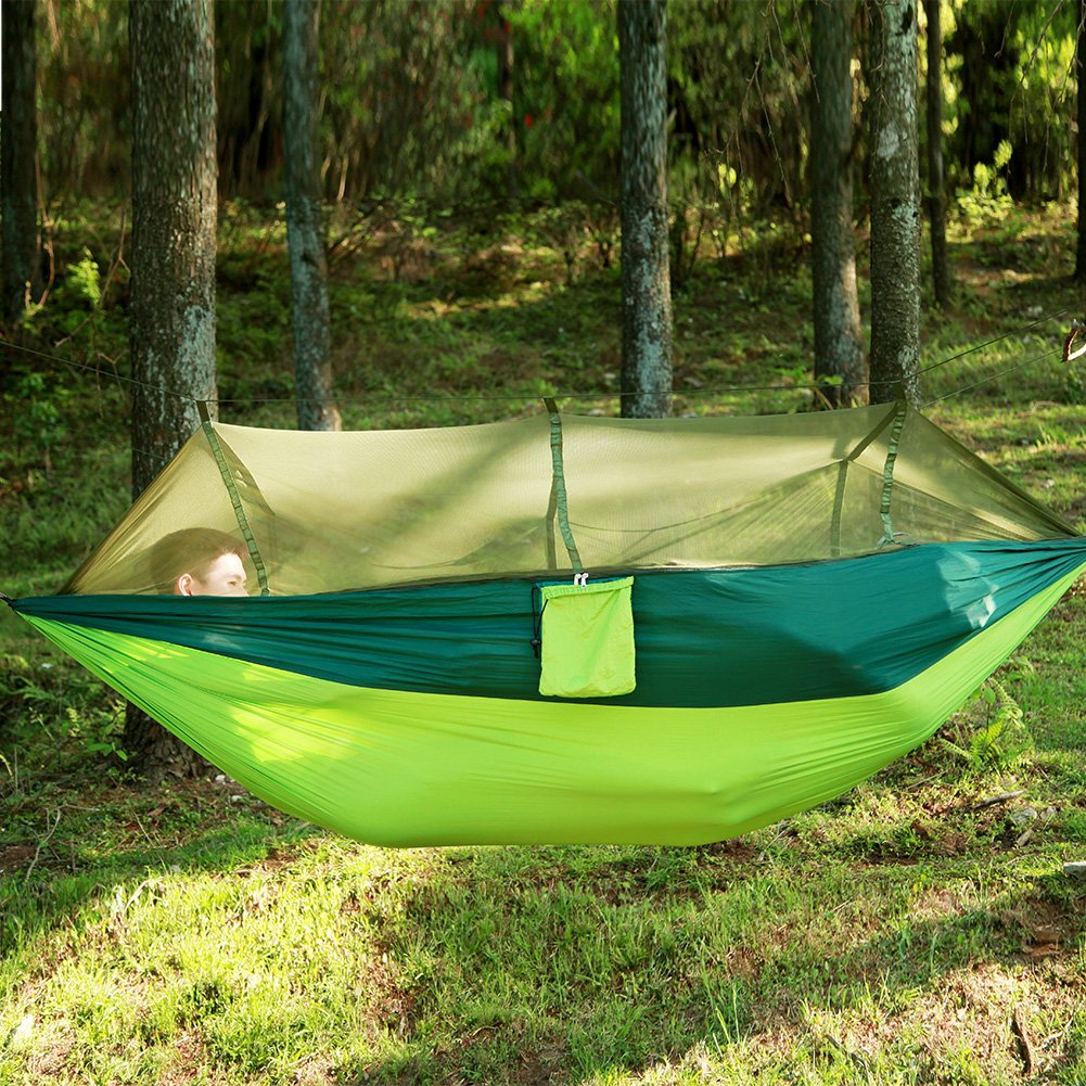 ele ELEOPTION Hamak kempingowy z moskitierą i muchą przeciwdeszczową, nośność 200 kg, 260 x 140 cm, nylonowy, podwójny, wodoodporny, lekki, przenośny, do wędrówek z plecakiem, wędrówek, wędkowania, na