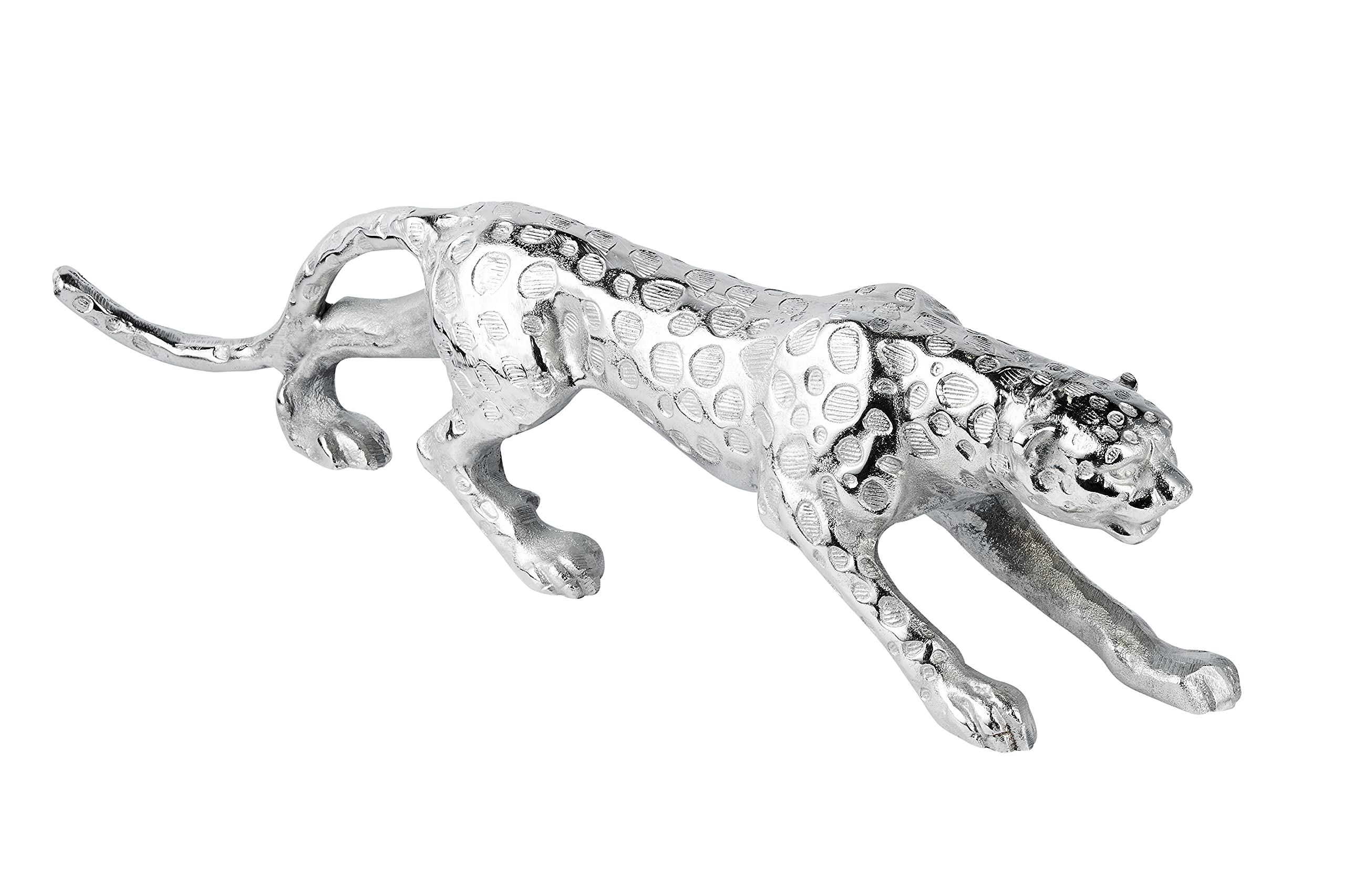 MichaelNoll Leopard Raubkatze Katze Figur Dekofigur Deko Aluminium Silber Skulptur Modern - Dekoration aus Metall - Für Wohnzimmer, Schlafzimmer, Büro - 40 cm, 48 cm oder 78 cm (48x10x14 cm (LxBxH))