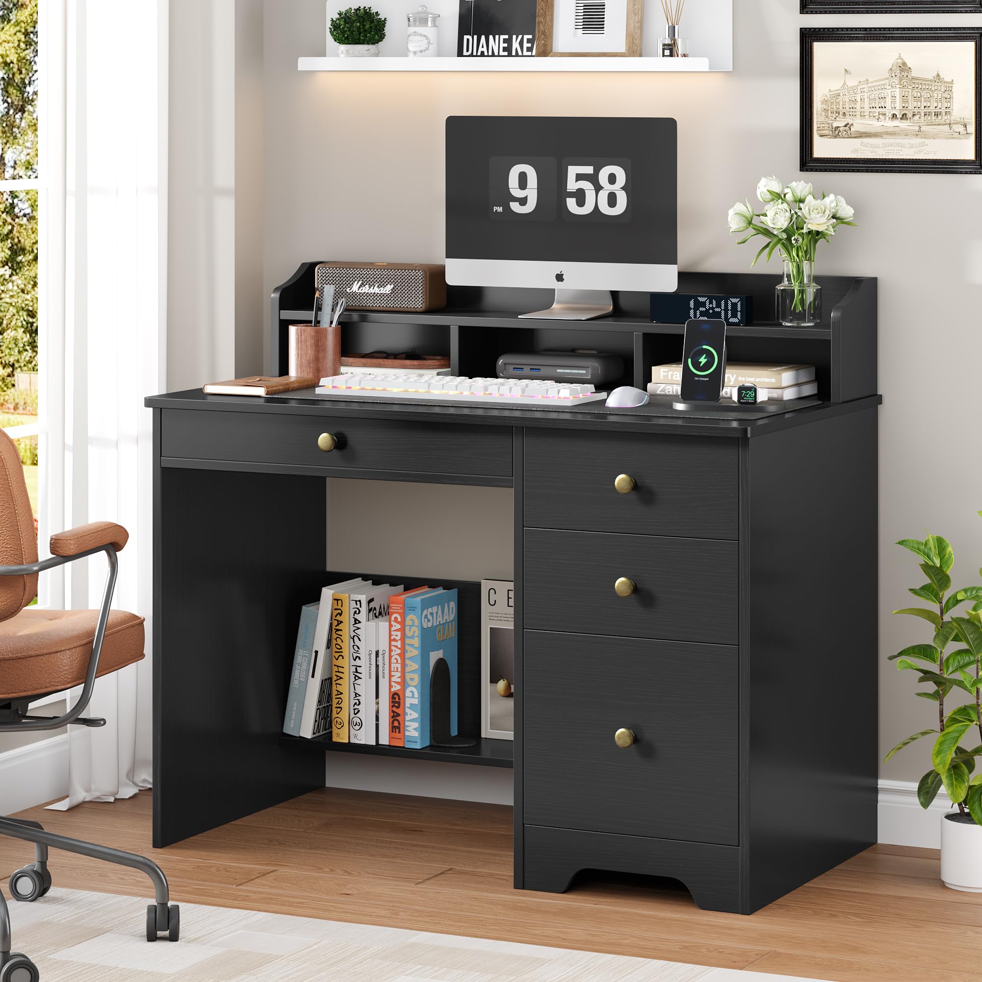 TTVIEW Computer Desk with Drawers and Hutch Shelf, Wood Executive Desk Writing Study Table with 43” Wide Tabletop, Small Desk with File Drawer for