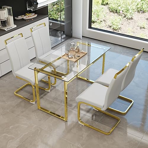 Juego de mesa de comedor de cristal para 4, mesa de comedor rectangular moderna para 4, juego de mesa y sillas de cocina doradas de 51 pulgadas,