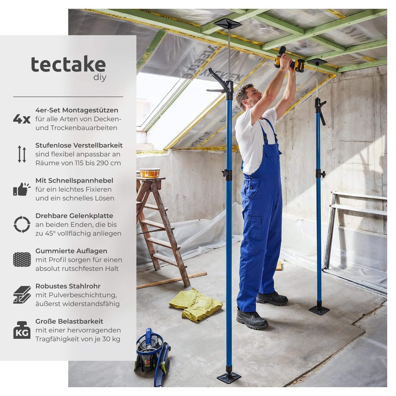 tectake® Baustützen Teleskop Stange 115-290 cm, Baustütze mit Auflageplatten mit Kugelgelenk, Montagestütze je 30 kg Tragkraft, Spannstange, Montagehilfe für Deckenverkleidung - blau, 4er Set