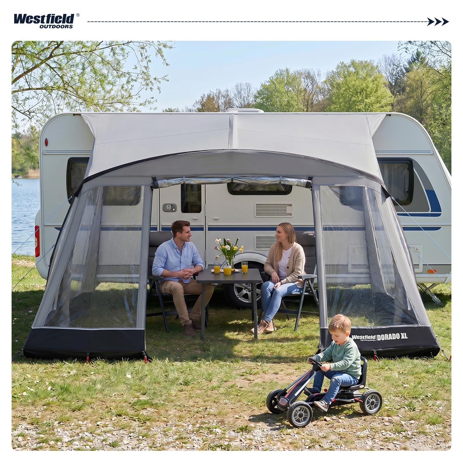 Westfield Outdoors Dorado XL 375 x 250 cm aufblasbares Vorzelt, Wohnwagenvorzelt, Wasserdicht 3000 mm, UV-beständig, Panoramafenster & Moskitoschutz, inklusive Pumpe & Tragetasche