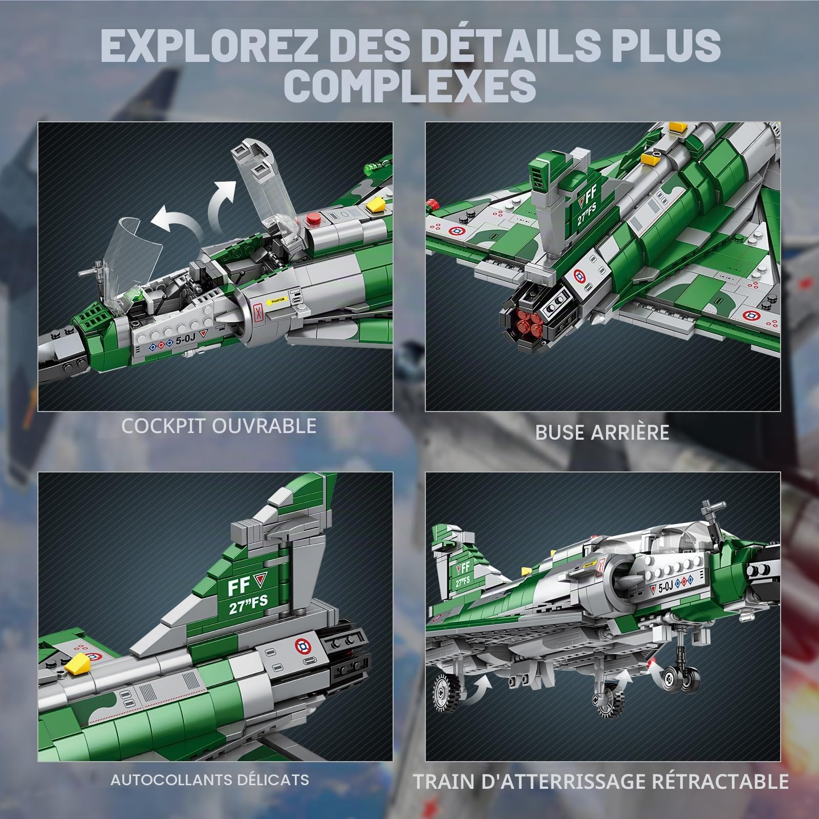 Reobrix Kit de Construction d'avion de Chasse Mirage 2000 pour Adultes, modèle réduit d'avion Militaire, Jouet STEM avec Cockpit ouvrant et Train d'atterrissage rétractable (1012 pièces)