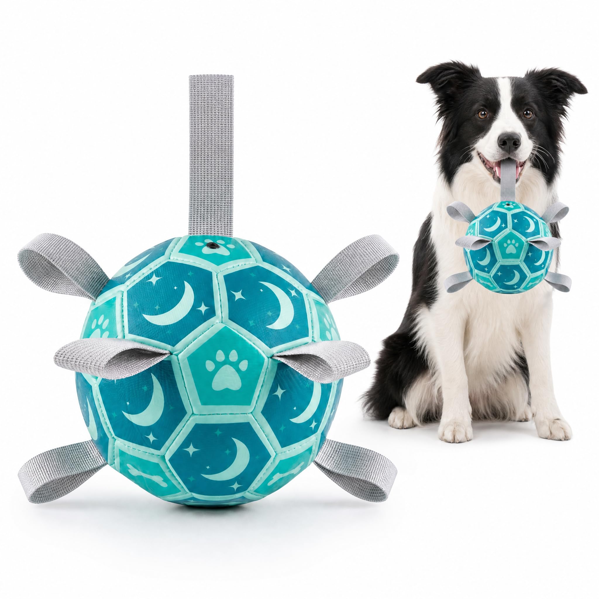Dog Soccer Ball with Straps, 6 Inch Herding Dog Ball Toys Dog Birthday Toy, Balls for 20-40lbs Dogs, Outdoor Puppy Toys for Small Medium Dogs, Interactive Toy for Tug, Water Toy Ball,Blue
