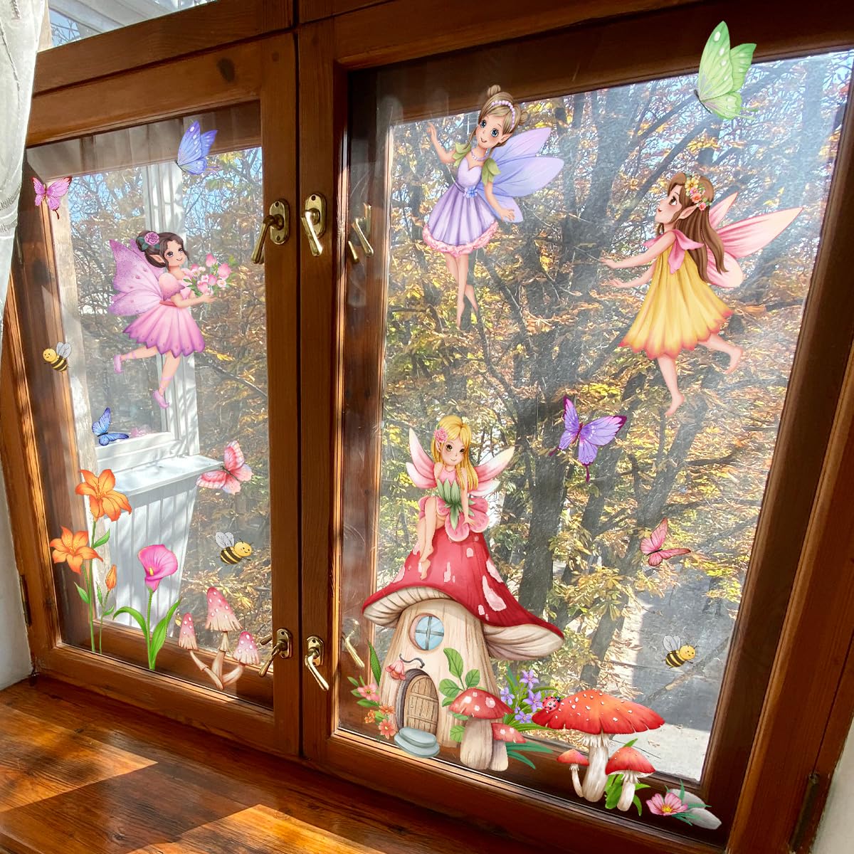WandSticker4U®- Pegatinas ventanas niña HADAS y CASA de SETAS rosa (80x43 cm) I Vinilo adhesivo infantil ventana flores hadas elfos princesa I Decoración ventana habitación niña bebé primavera GRANDE