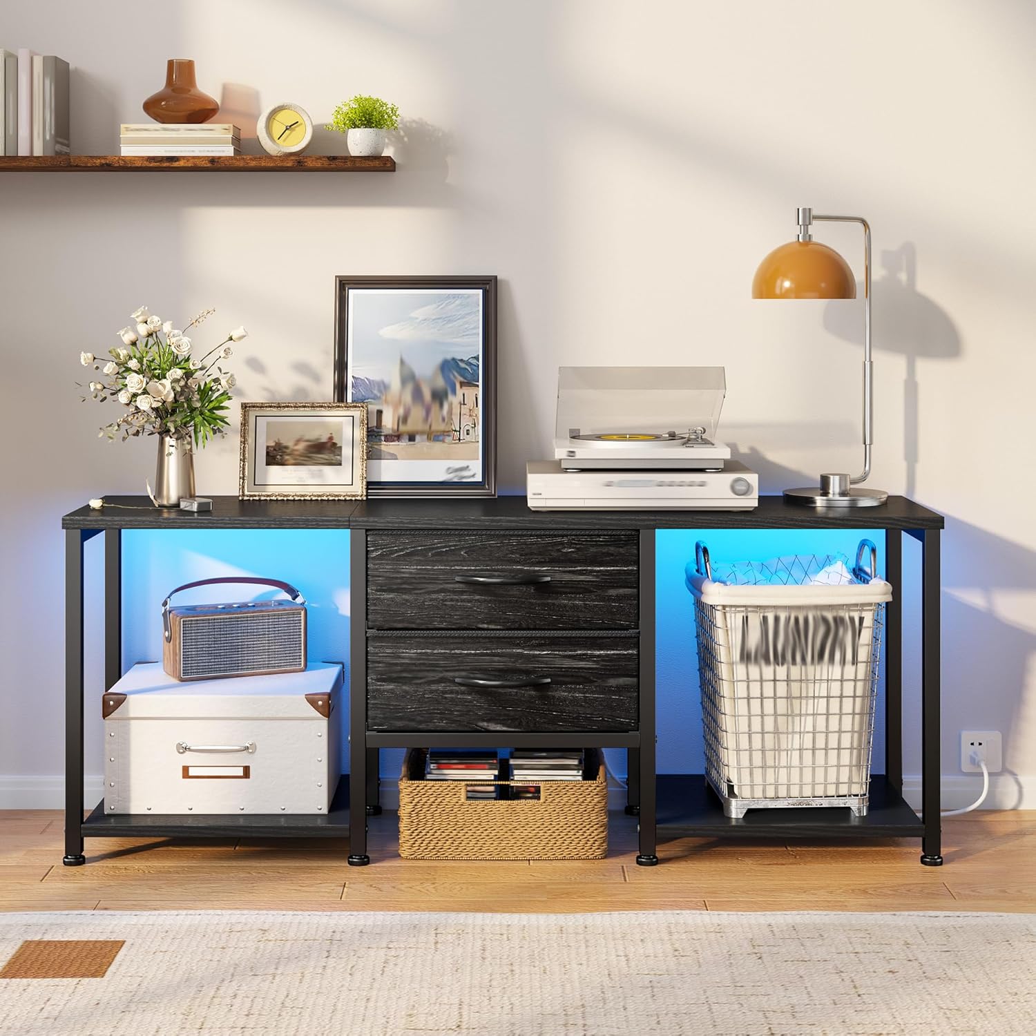 A fabric drawer with a wooden front panel, showing the handle being attached.