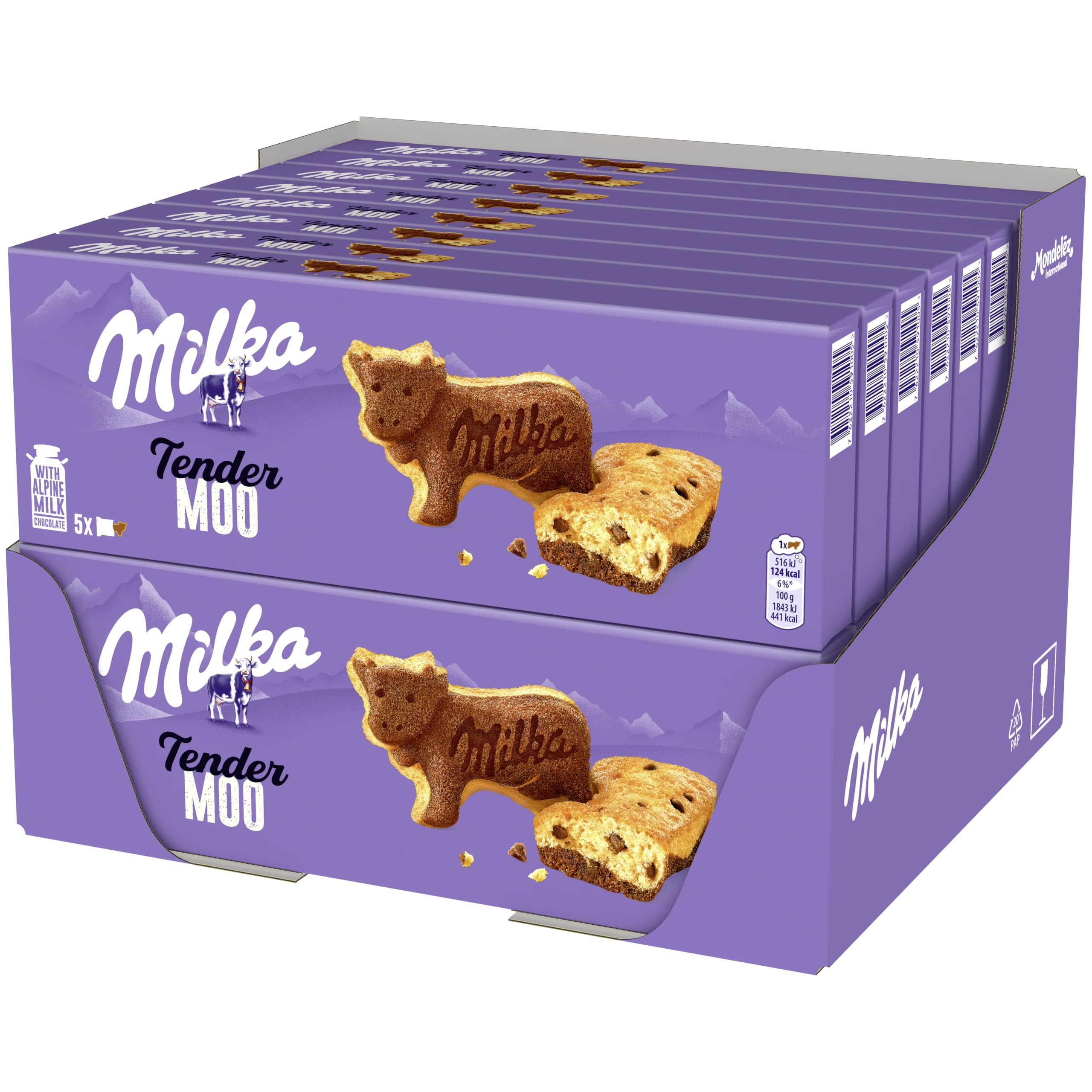 Milka Tender, Bizcocho Relleno de Leche y Chocolate Leche, Pack 16 x 140g