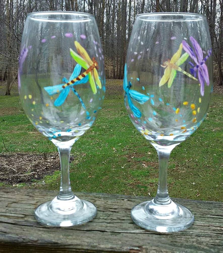 WAKO ペネチアン・グラス ドラゴンフライ Amazon.com: 2 Dragonfly Multi Color Hand Painted Wine Glasses
