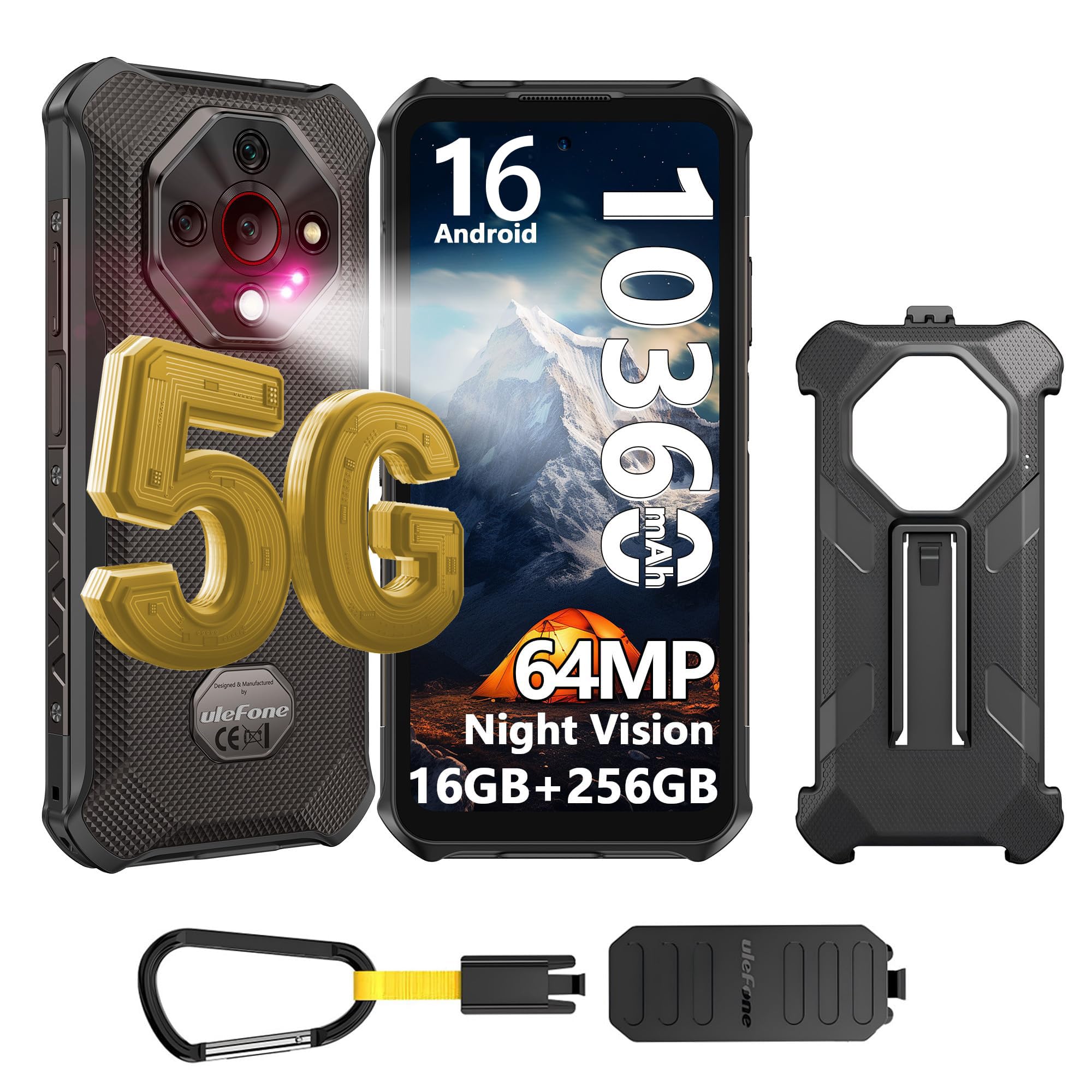 Ulefone Armor X16 Pro 5G AI Outdoor Handy Ohne Vertrag, Android 16, 10360mAh/33W, Dimensity 6300, 16GB+256GB/SD-2TB, 64MP+25MP Nachtsicht Baustellenhandy 6,56" Corning Glas/120Hz, 3 Karten/ IP68/ OTG