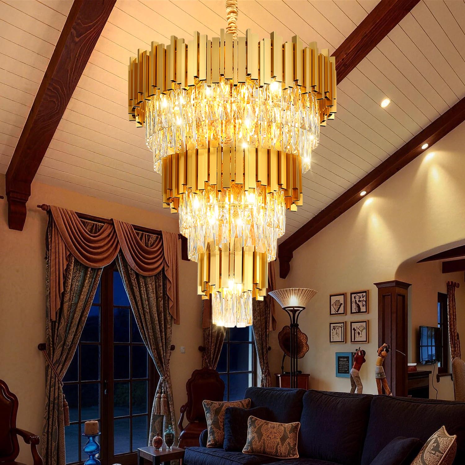 Photo 1 of IDEQUY Modern Gold 5-Tier Chandelier Lighting Luxury Long Staircase K9 Crystal Chandeliers Large Foyer Villa Entrance Chandeliers for High Ceiling
