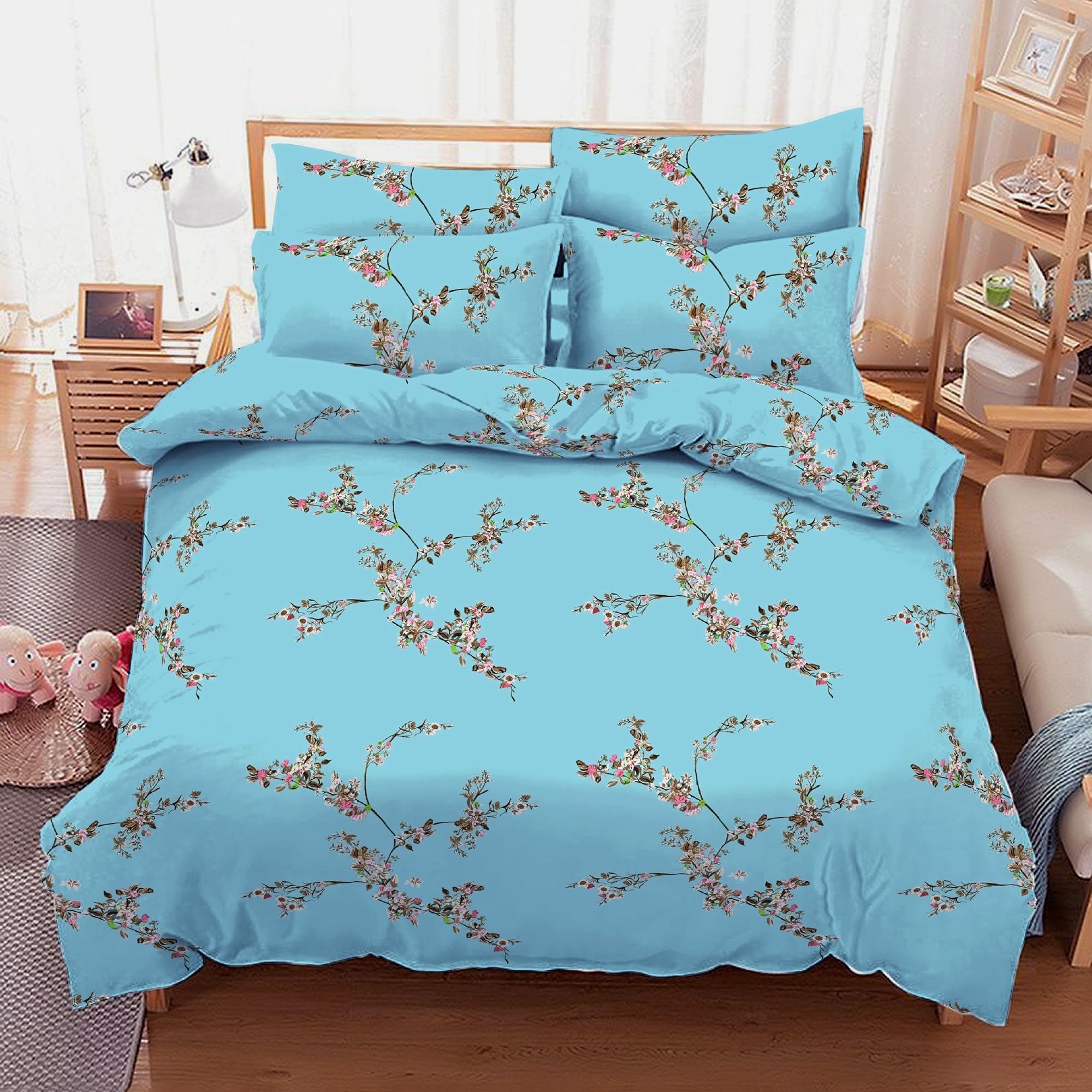100% Cotton 400 Thread Count Double Duvet Cover Set Printed Floral, Sky Blossom