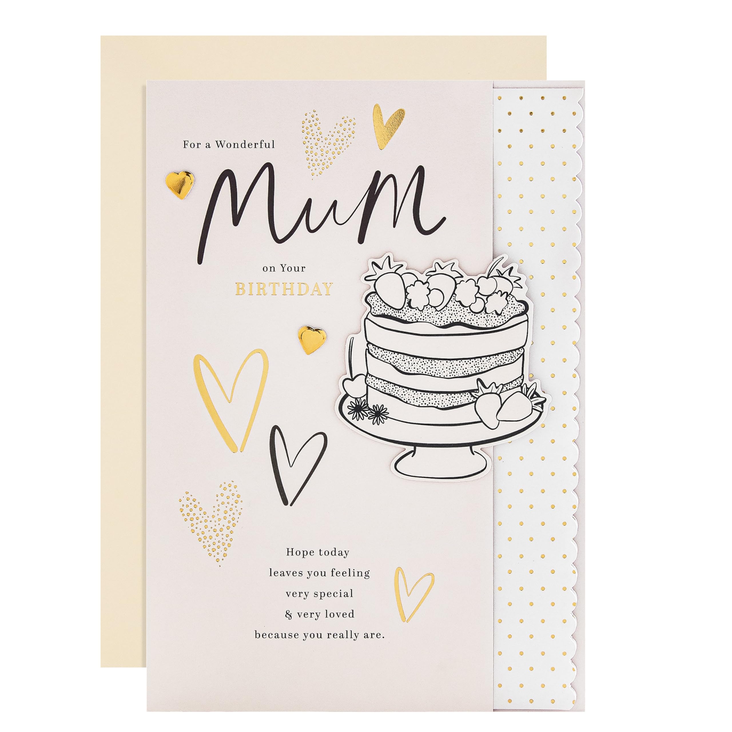 Hallmark Birthday Card for Mum, Gold Foil, Hearts, Cake Design with Heartfelt Verse