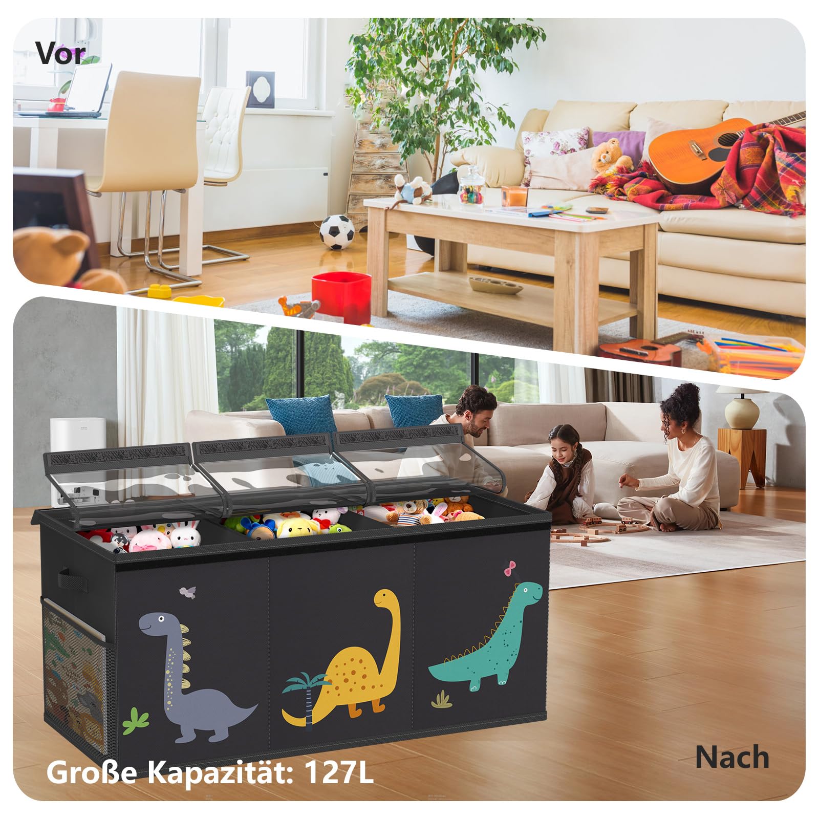 Caja de juguetes con tapa, para habitación infantil, tamaño extragrande, plegable, con asas, separador, para ropa de habitación infantil, color negro