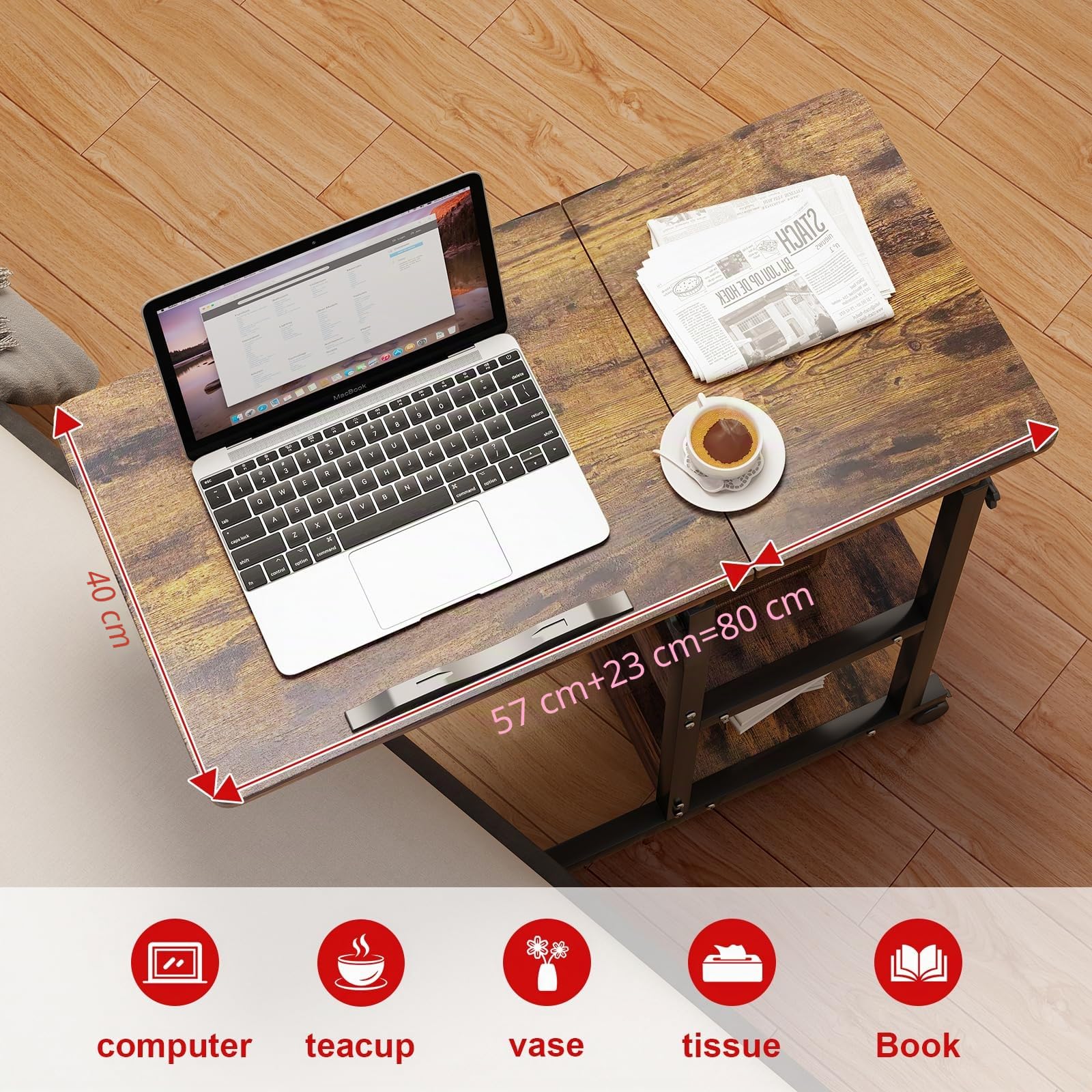 Tavolino con ruote, regolabile in altezza, tavolo per computer portatile, altezza regolabile, il desktop può essere capovolto, tavolino con ruote, tavolino da caffè, camera da letto, 80x40cm