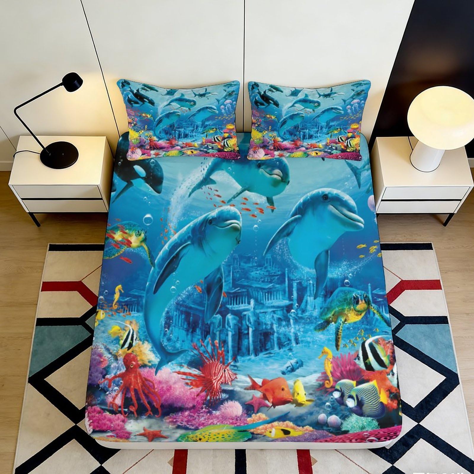 3D Printed Ocean Dolphin Fitted Sheet Microfiber Soft Breathable Underwater World Mattress Cover Bedroom Decor 140x200x25cm