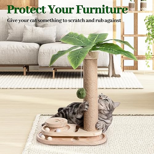 Miniatura 5 de Meowoou Rascador de gato con bola colgante para gatos con base de 2 capas, pista de bola de madera de 17.7 pulgadas de alto