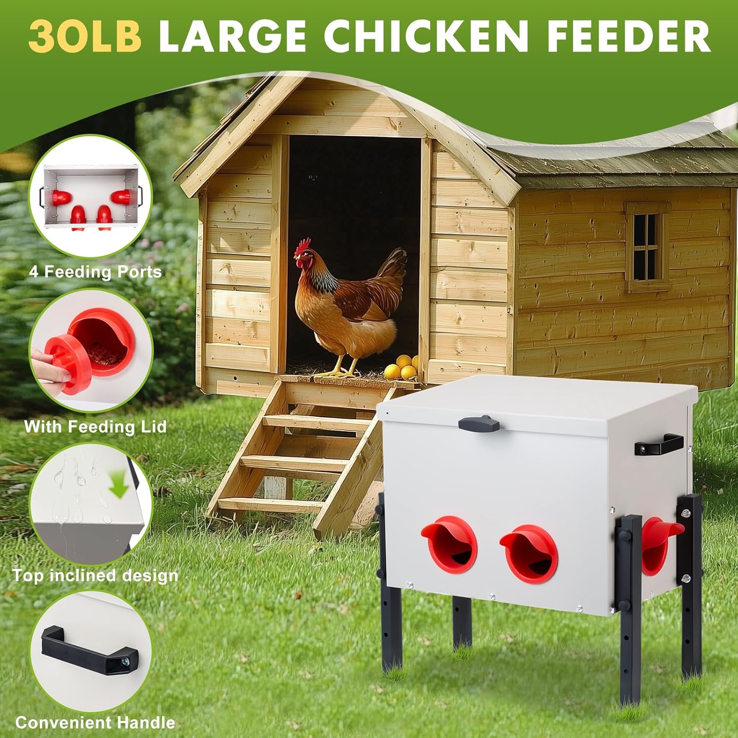 Metal Chicken Feeder with 4 Ports, 30 lbs Metal Poultry Feeder, Height Adjustable Weatherproof Feeding Box for Chickens, Geese, Ducks, Turkeys, Quails (30lbs-4 Ports)