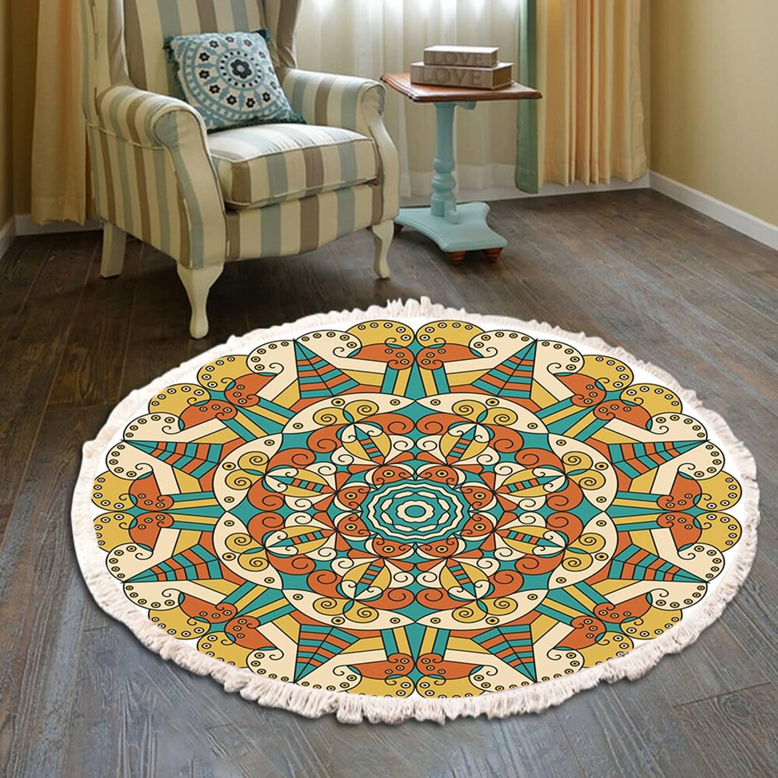 Rund Teppich 200cm, Polyester Mandala Blumenmuster mit Quaste Teppiche Gegend Schlafzimmer Küchenteppich, Wohnaccessoires & Deko, Gelb Orange Blaugrün, Stil 2