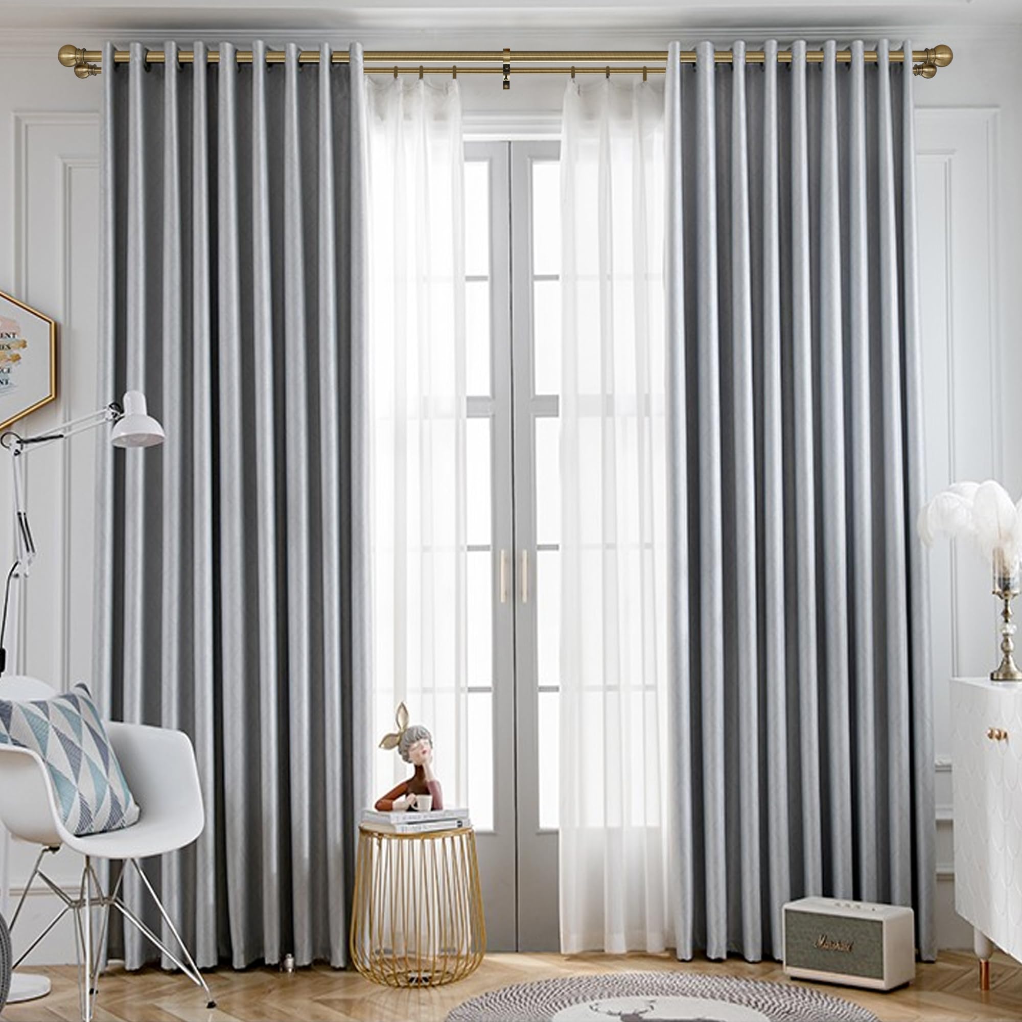 Condition photo showing New/Like New for antique bronze double curtain rods 36-72 inch,1'' front and 5/8'' back double drapery rod with small round ball and aluminum brackets, adjustable dual window rod for sheer/blackout curtains