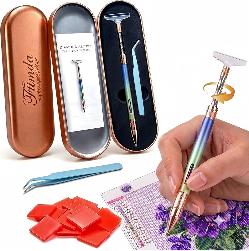 Diamond Painting Pen Set Refillable, Metal Pen & Tweezers in Iron Gift Box | 5D Rhinestone Art Accessories Gift Set with 20 Wax Refills & Correction Tool, DIY Nail Craft Kit for Women and Beginners