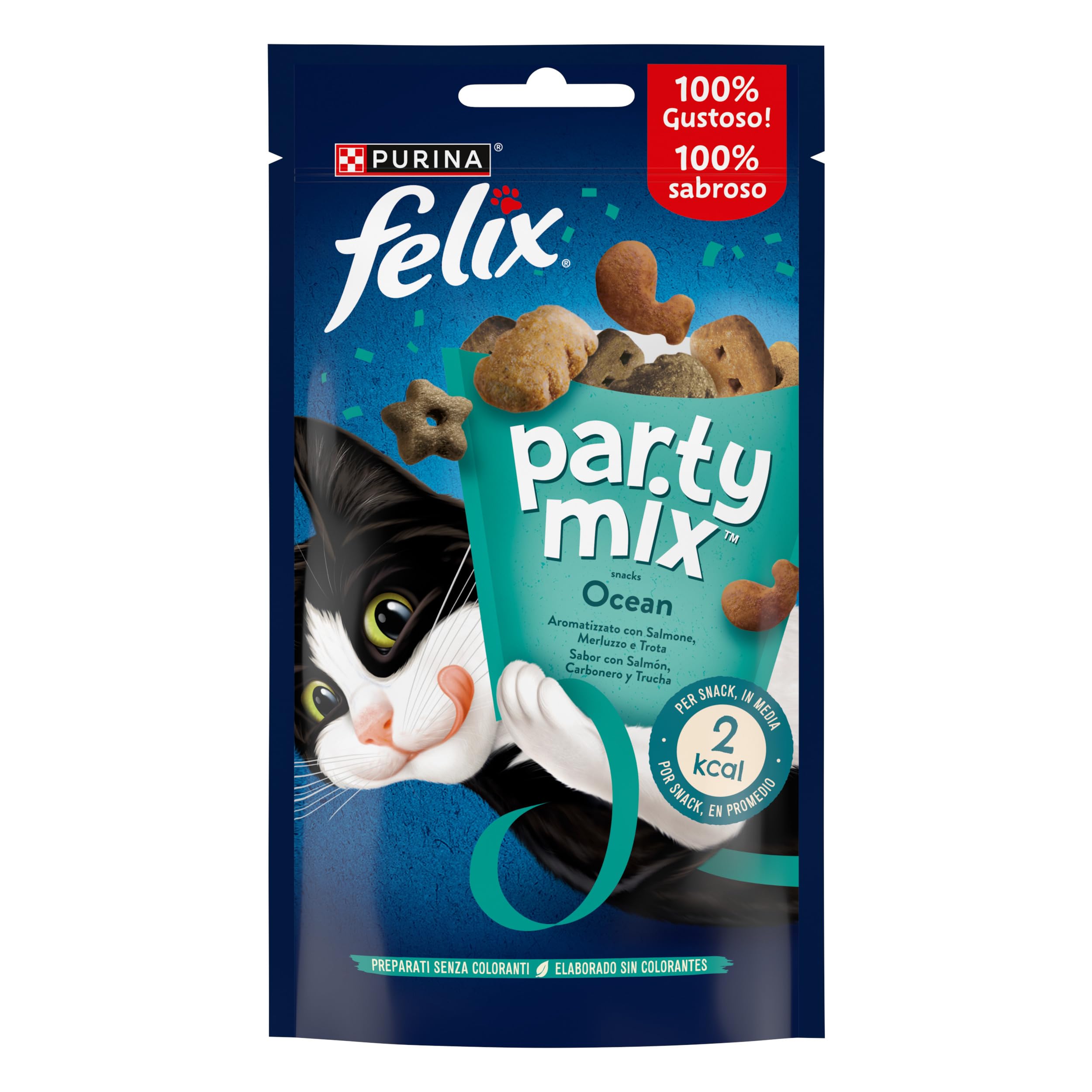 FELIX Party Mix Snack per Gatti Adulti - Croccantini per Gatti con Salmone, Merluzzo e Trota, 8 Confezioni da 60 g