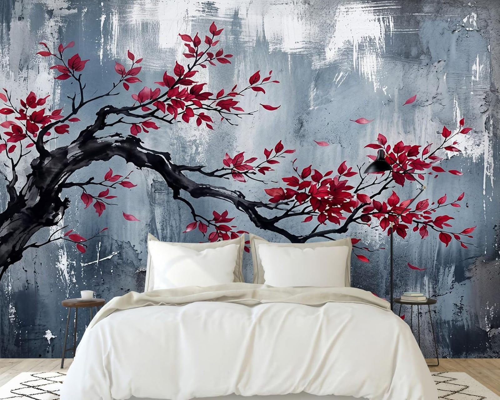Hgjdjhnf 3D Mural Photo Mural - Wallpaper Asian Red Leaves Concrete Look Blue Grey Abstract Modern Living Room Bedroom Children's Room Wall Decoration Motif ,200Cmx140cm Poster - Wall Sticker - Frameless Picture