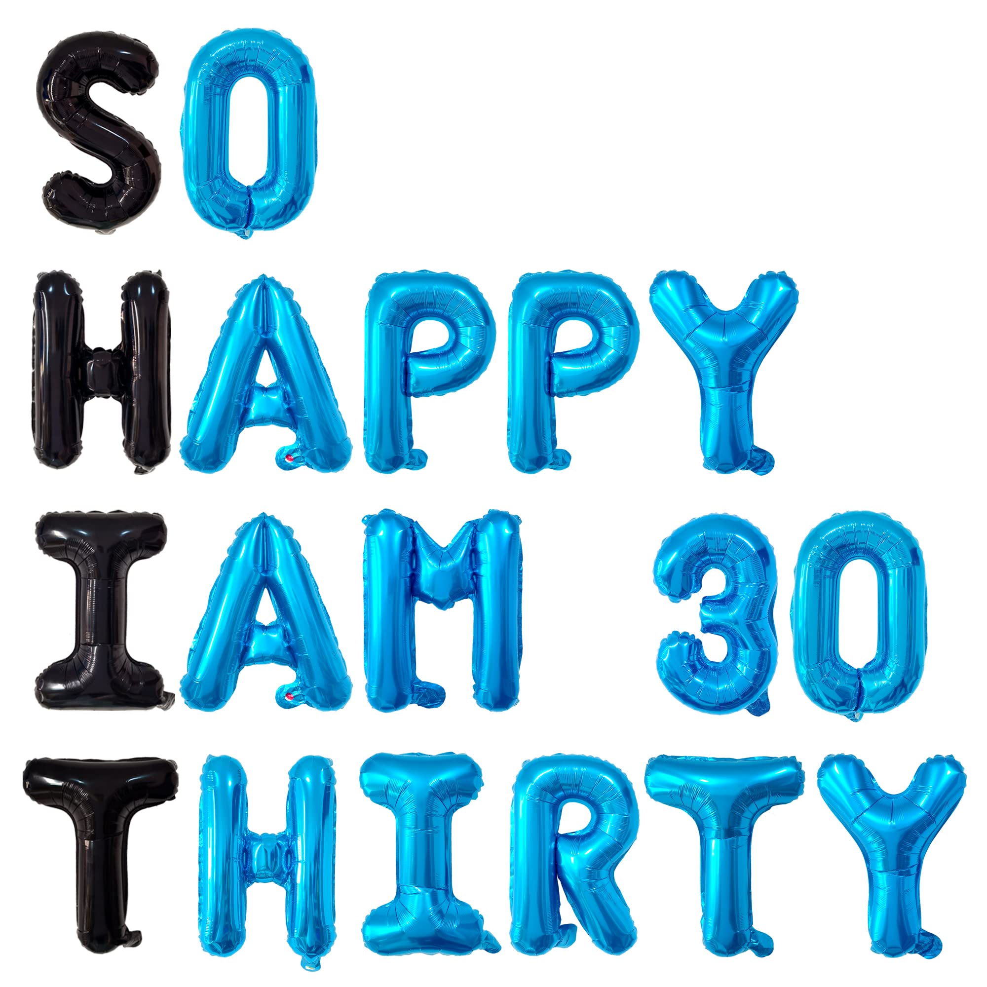 So Happy I Am Thirty Party 30 Foil Balloons Banner | Funny 30th Birthday Foil Balloons | 30th Themed Birthday Party Supplies, Party Decorations for Men Women(16 Inches，Black and Blue, 18 Packs)