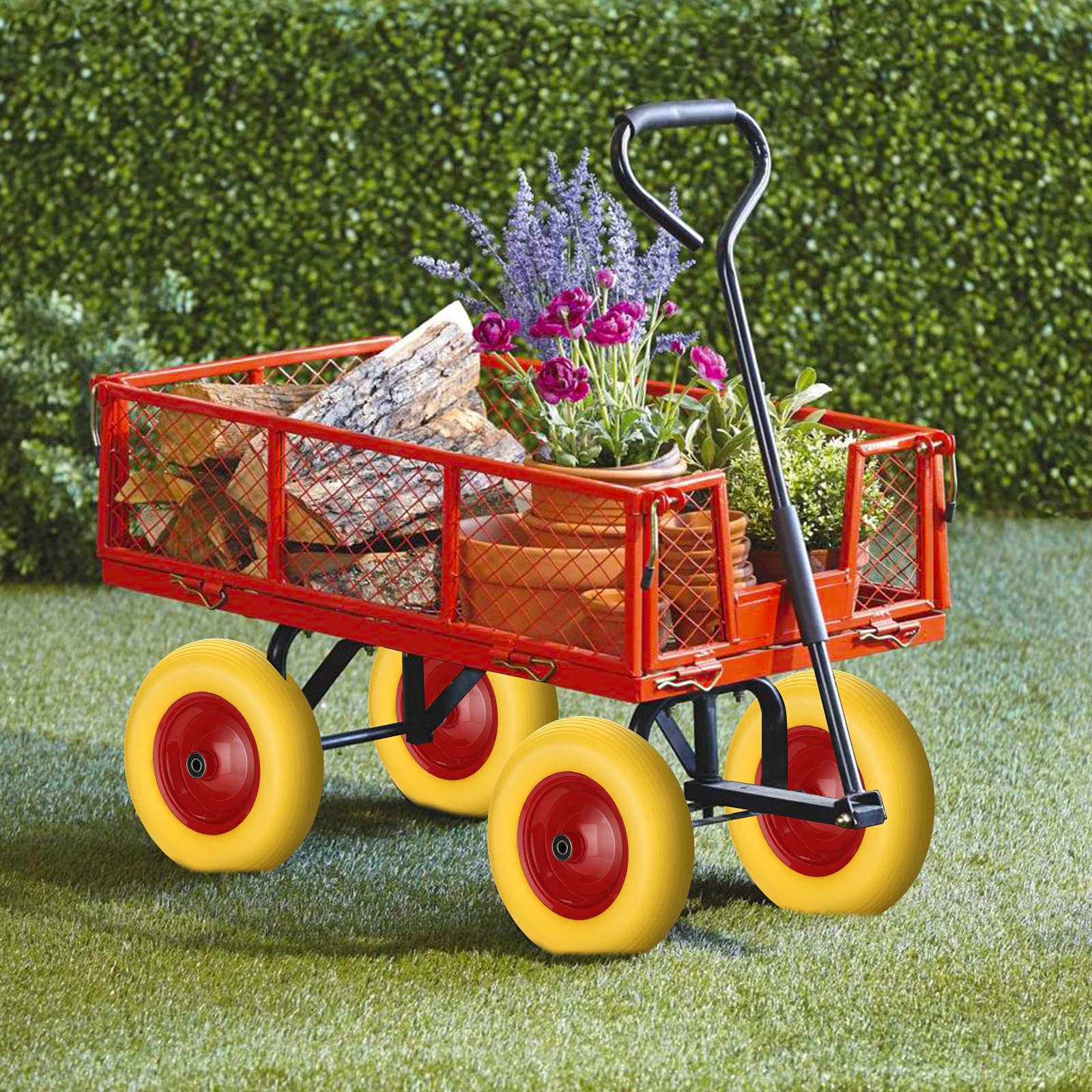 4 ruedas de carretilla 4.80 4.00-8 de goma maciza con eje, rueda de goma, resistente a pinchazos, rueda de repuesto, llanta de acero, neumáticos amarillos y rojos, para carros de jardín