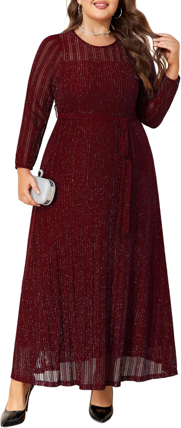 ZNU Plus Size Glitter Mesh Dress Women Wedding Guest Formal Cocktail Gown A-Line Maxi Dress Long Sleeve Rotwein 3X