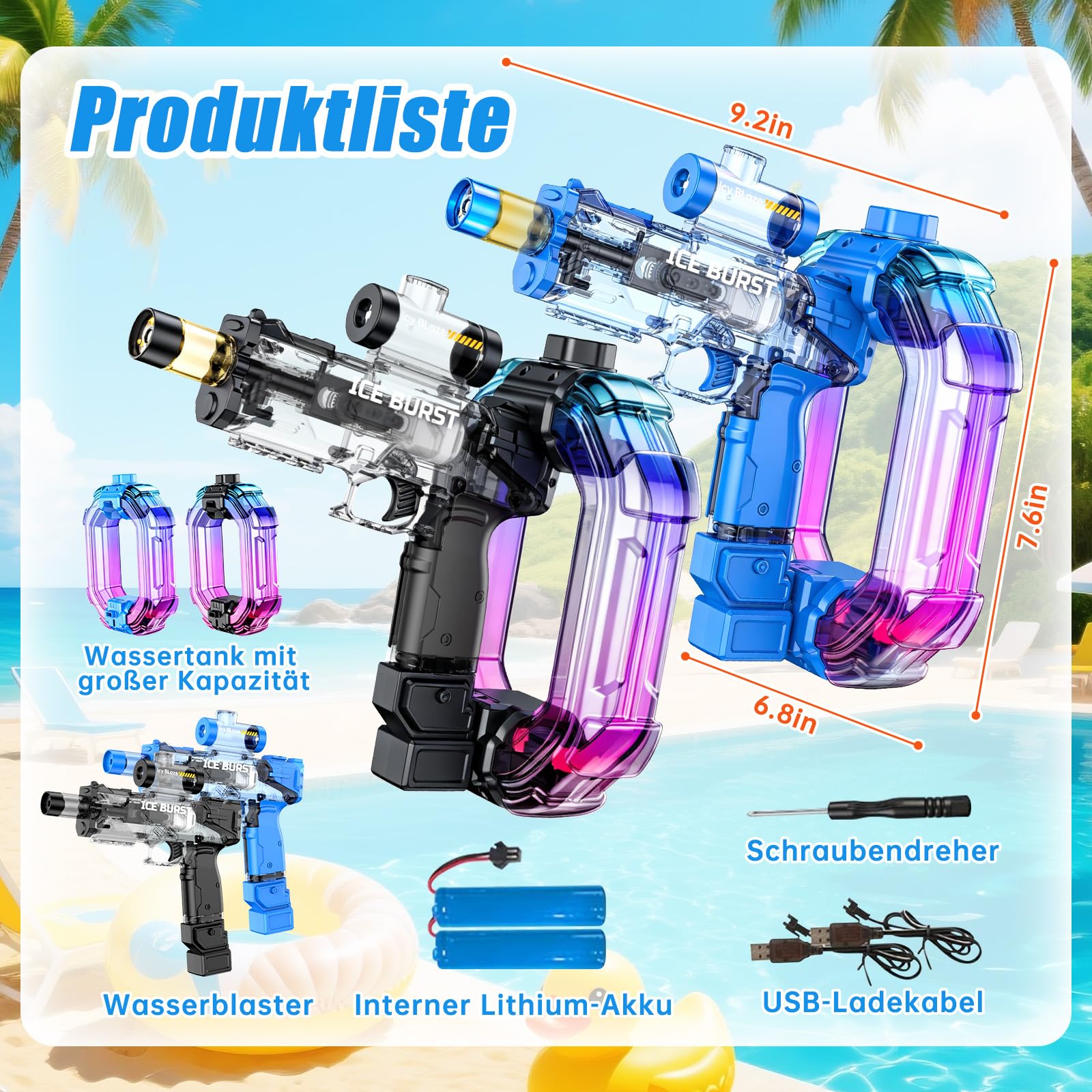 Elektrische Wasserpistole für Erwachsene und Kinder, als 2er-Set, Automatische Wasserpistole mit 750ml Tank, Wasserkanone mit 7–9 m Reichweite, Wiederaufladbar, Sommerspielzeug für Garten Pool