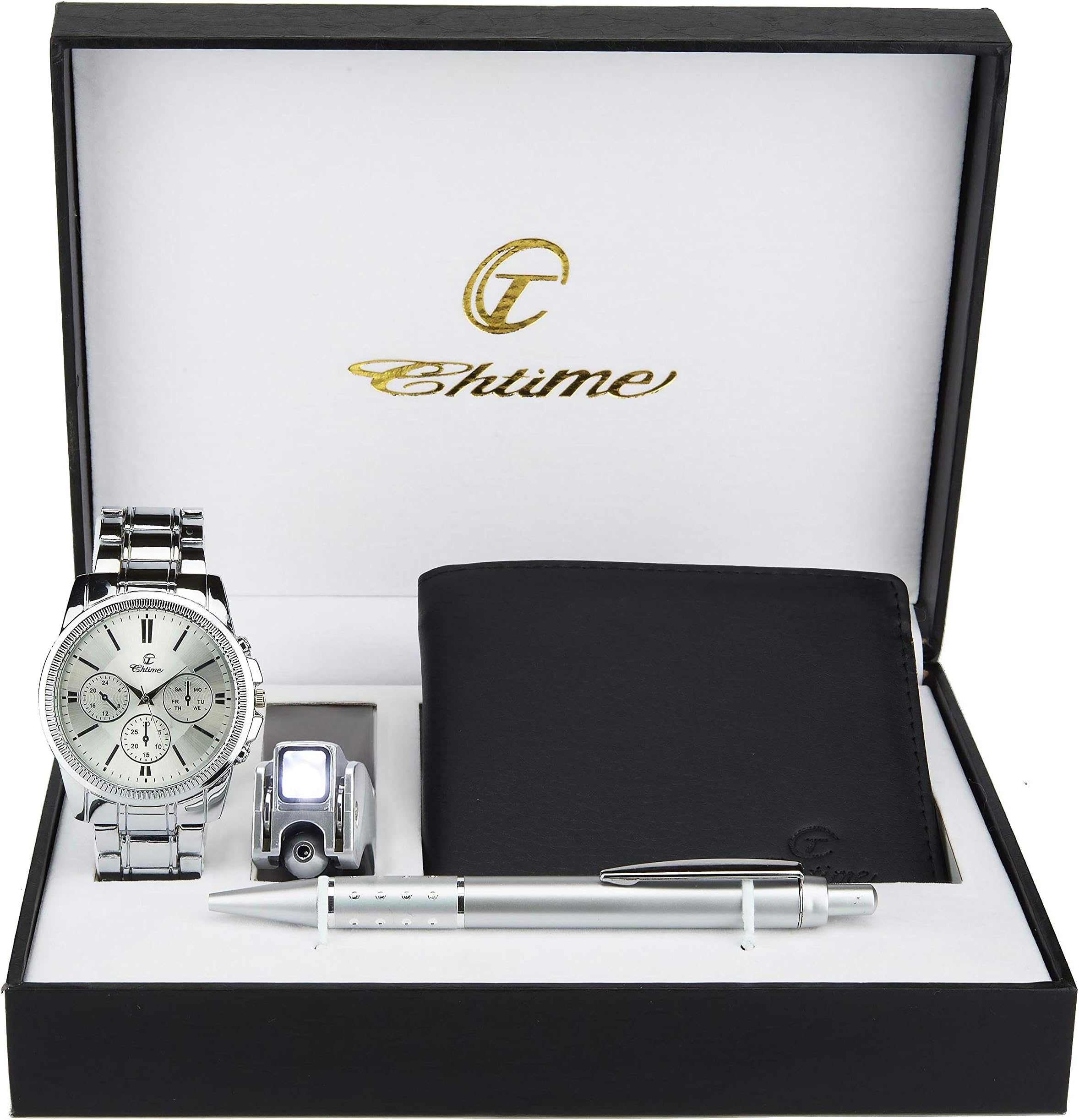 Gift Case for Men - Wallet - Multifunction LED Tool - Ballpoint Pen, Silver