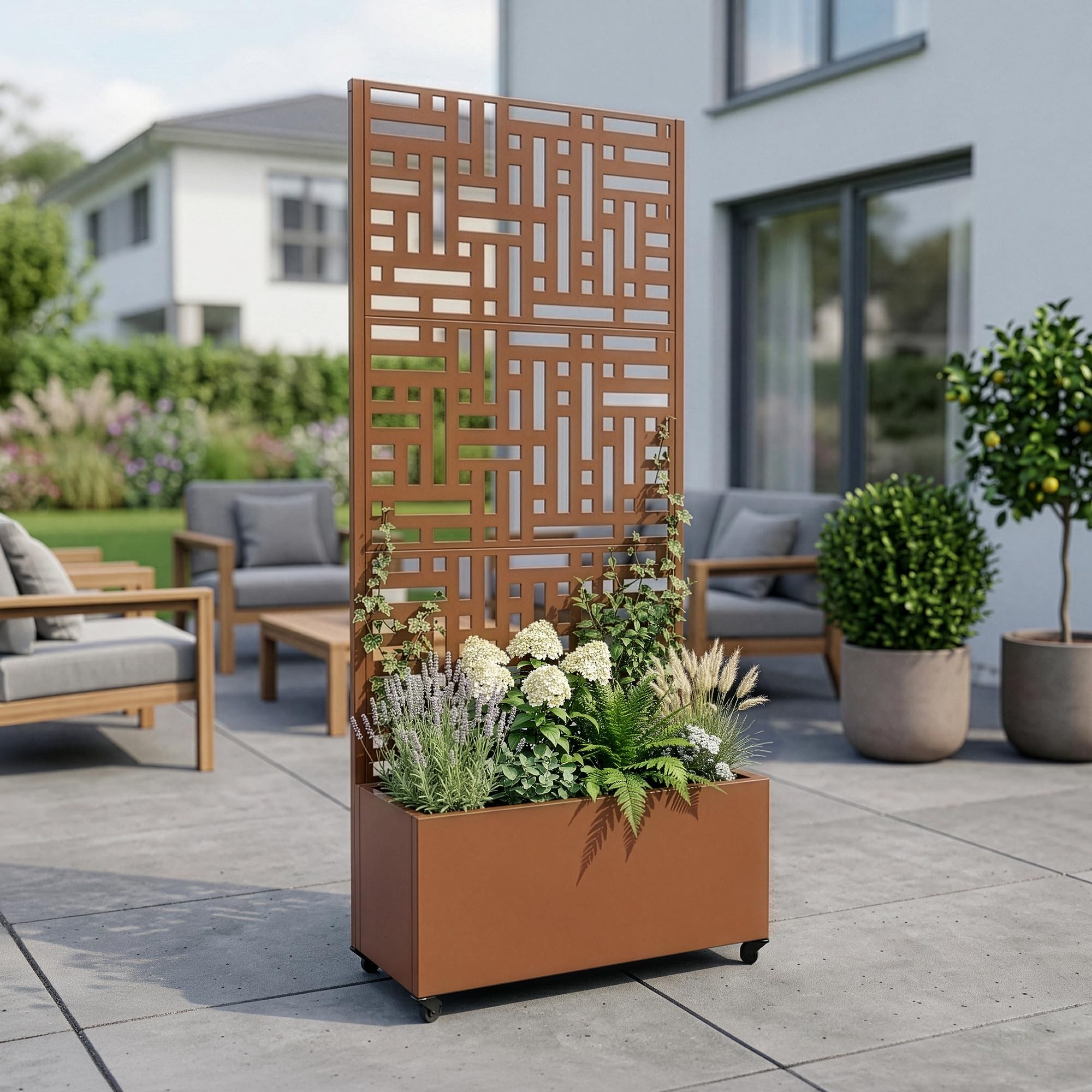 casa.pro Fioriera con Grigliato Fioriera Mobile con Spalliera Pannello Divisorio con Portapiante a 4 Rotelle Separatore da Terrazza 190 x 82 x 38 cm Acciaio Marrone