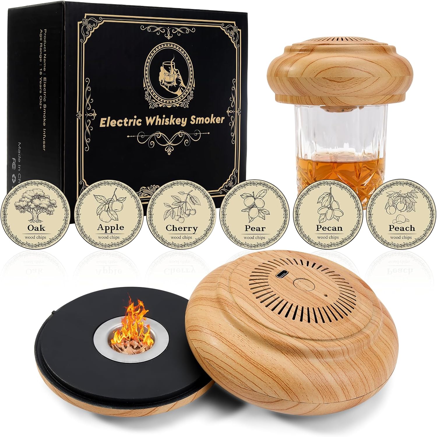 Electric Whiskey Smoker Kit with 6 Wood Chips, Portable Cocktail Smoker, Rechargeable Drink Infuser for Whiskey, Bourbon, Rum, Old Fashioned, Home Bar Accessories, Gift for Men, Dad, Whiskey Lovers