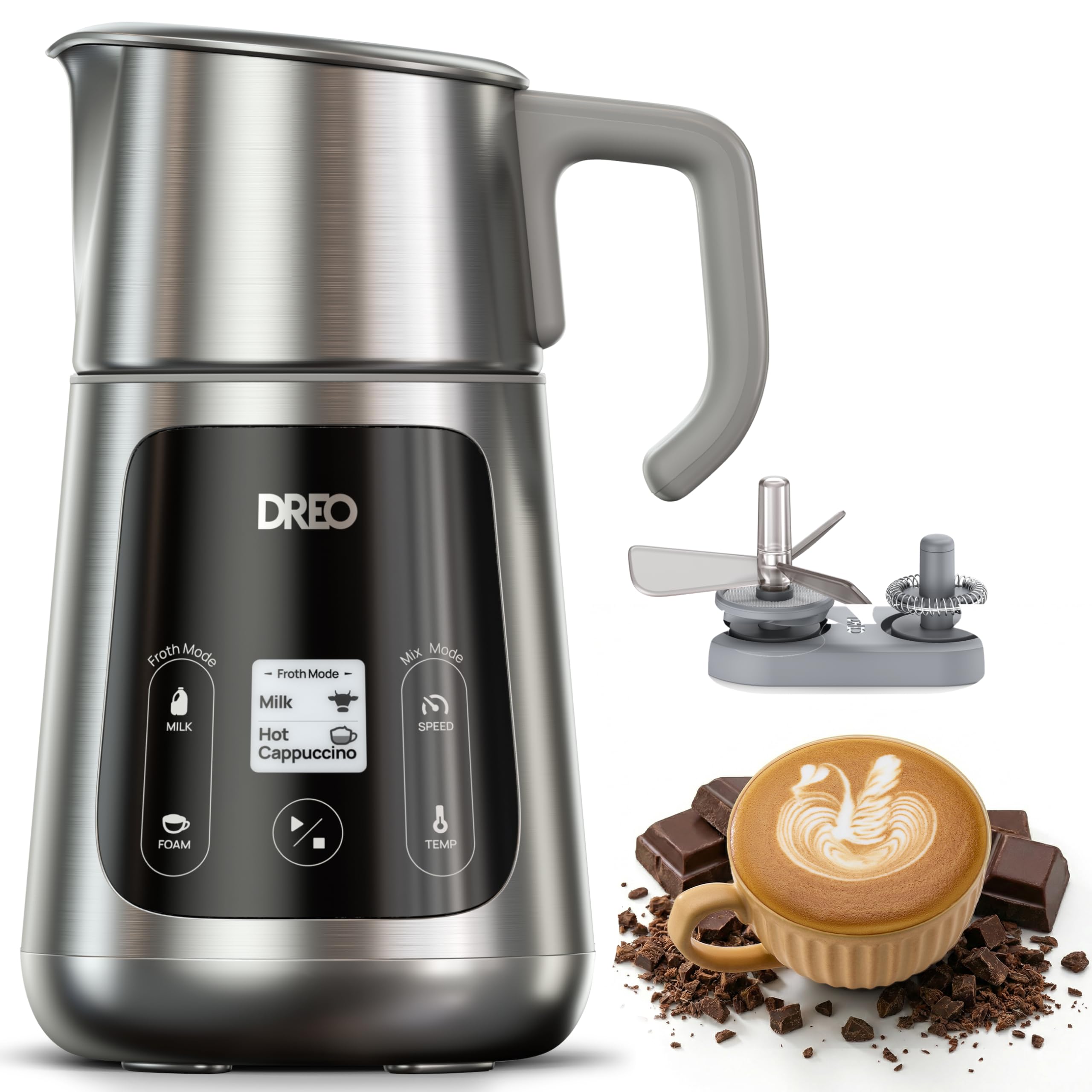 DREO 6-in-One Electric Milk Frother (Upgraded), Automatic Milk & Hot Chocolate Maker, Quiet Frother for Latte Art Microfoam and Cappuccino, 30+ Drink Options, Easy to Clean, Dishwasher Safe, LED