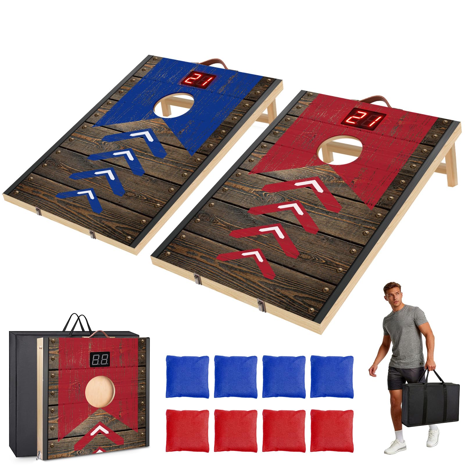 JUOIFIP Upgraded 3x2 FT Foldable Cornhole Game Set with Scoring System, 8 Bean Bags & Carrying Bag for Outdoor Backyard, Lawn, Beach, 2-in-1 Camping Game