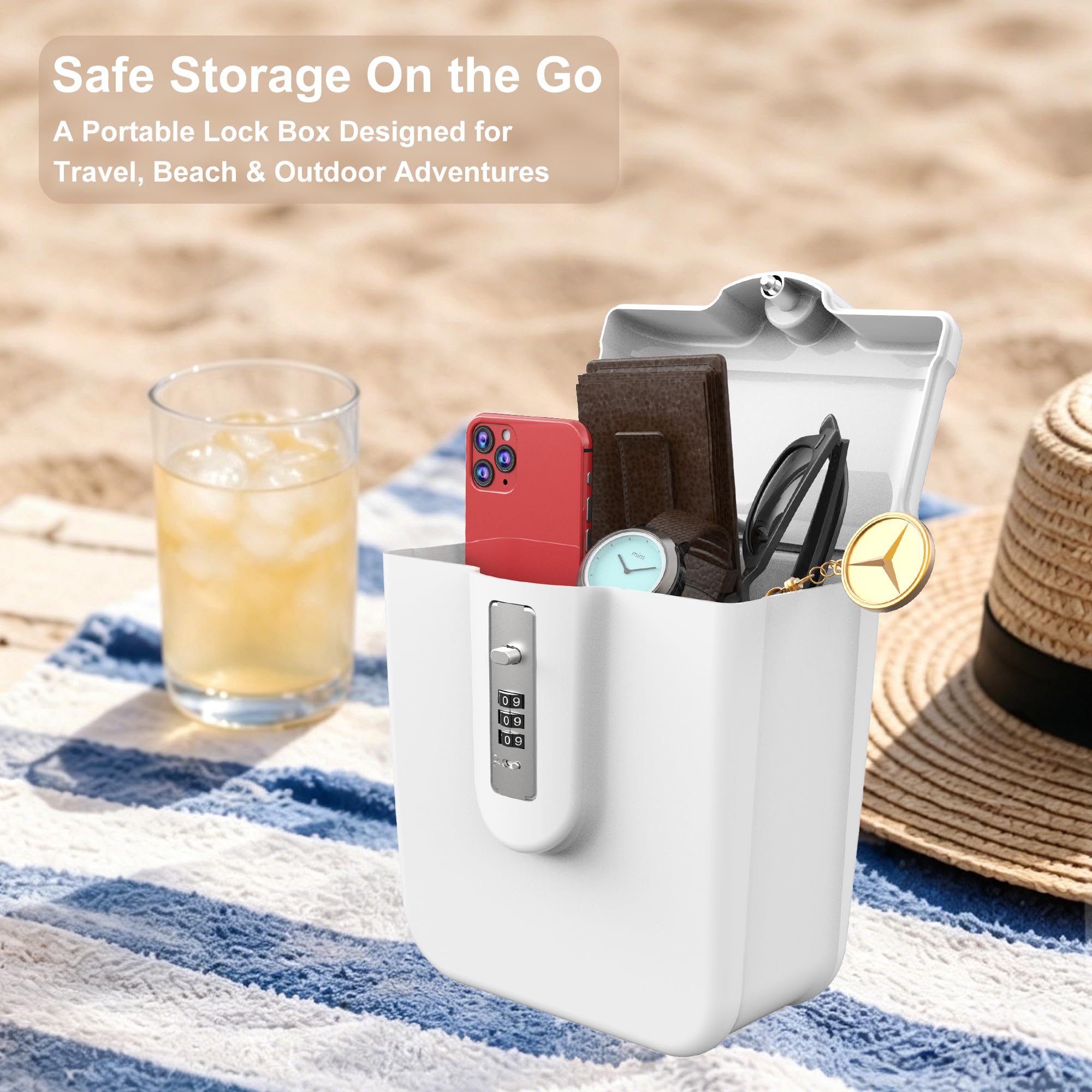 Caja de seguridad portátil para viajes y dormitorio, caja de seguridad de combinación para playa, caja de seguridad para dinero y teléfono, caja de seguridad portátil para viajes (blanco)