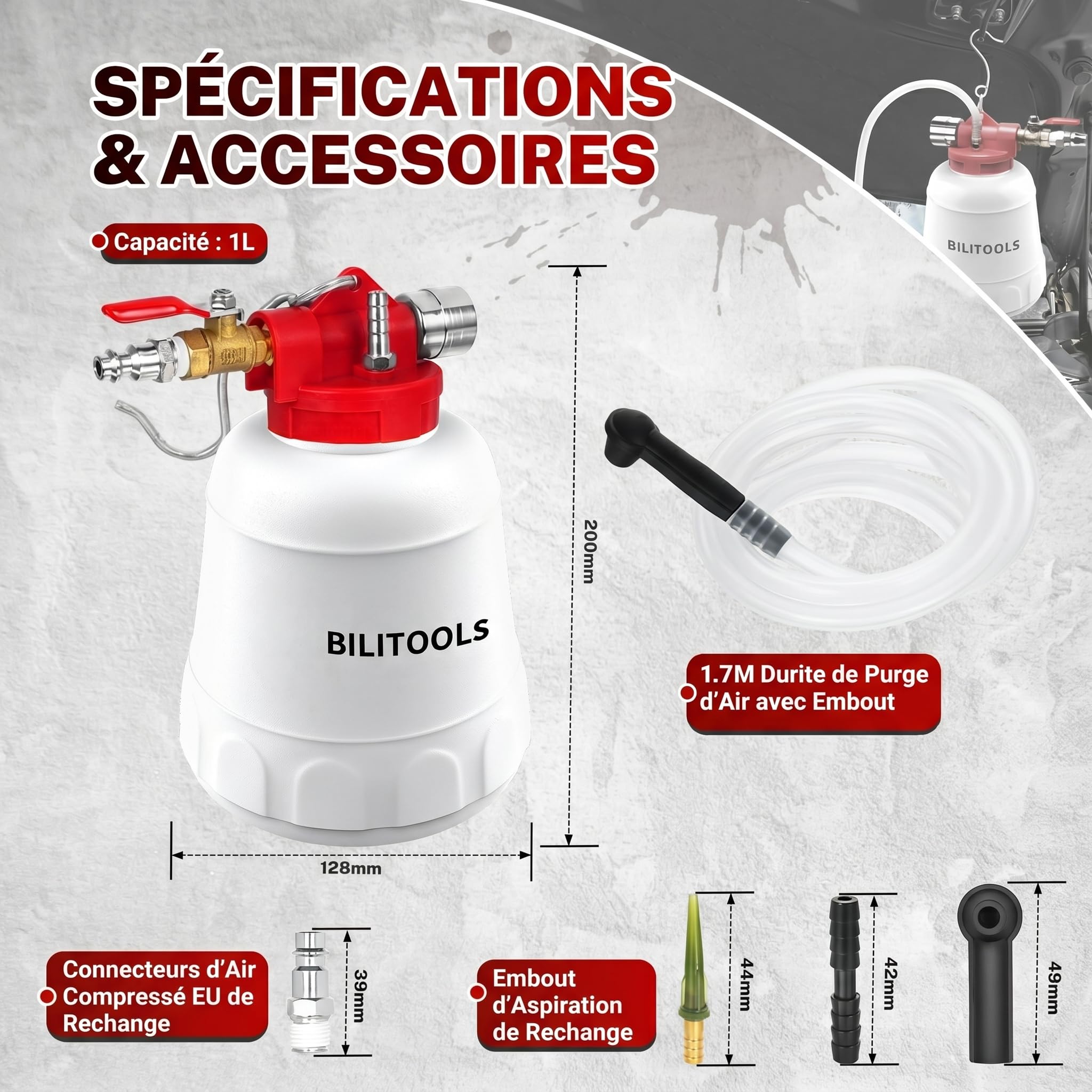 BILITOOLS 1L Purgeur de Frein Voiture et Moto Universel, Pneumatique Pompe à Vide Kit Purge Liquide de Frein par Aspiration avec 4 Adaptateurs, Purgeur ABS pour Frein et Embrayage | Kit d'extraction de liquide d'embrayage pour système de frein pneumatique