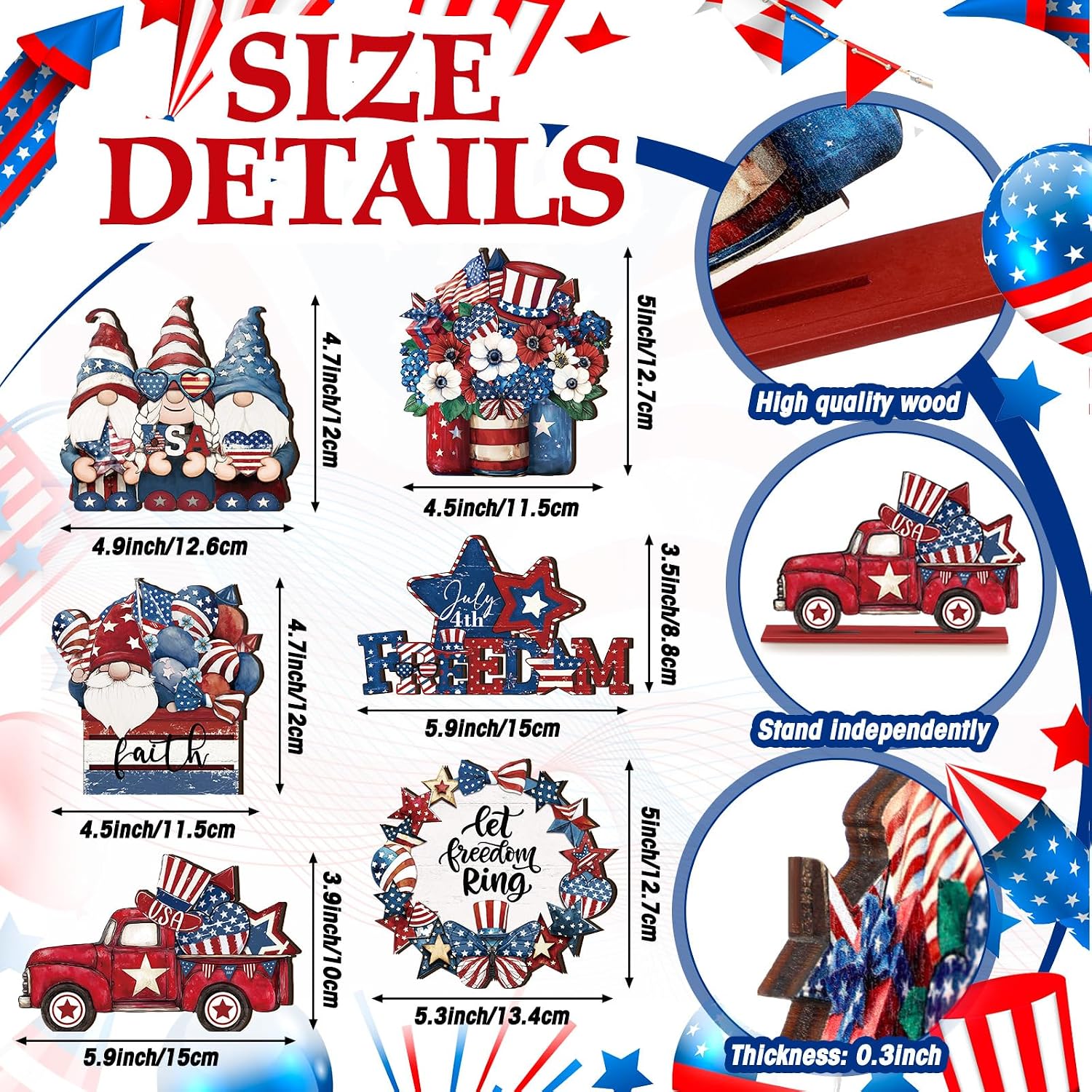 Yuntau 6 Pcs Patriotic Table Decorations Wooden 4th of July Centerpieces for Table Red White and Blue Gnome Star Tabletop Signs for Memorial Day 250th Anniversary Independence Day Tiered Tray Decor