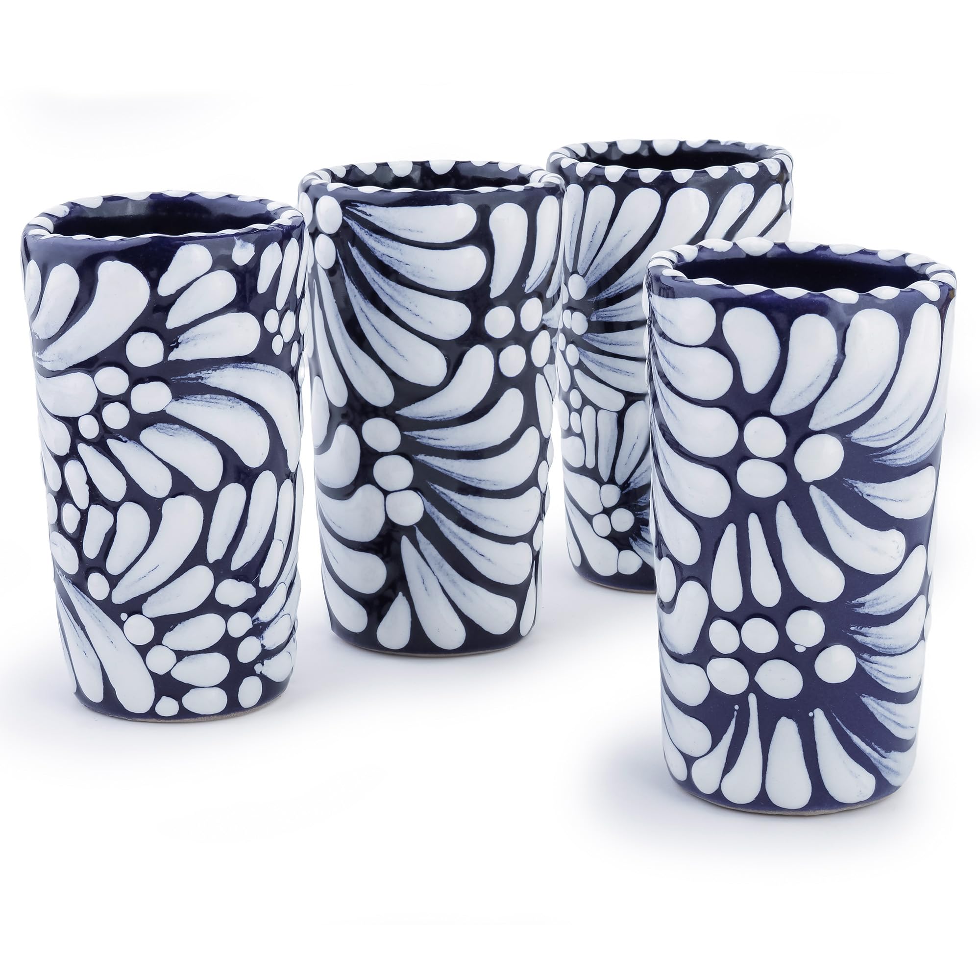 Talavera Shot Glasses Set of 4 Authentic Mexican Tequila Shot Glasses - Hand-painted - 2 Oz (White &amp; Sea Blue)