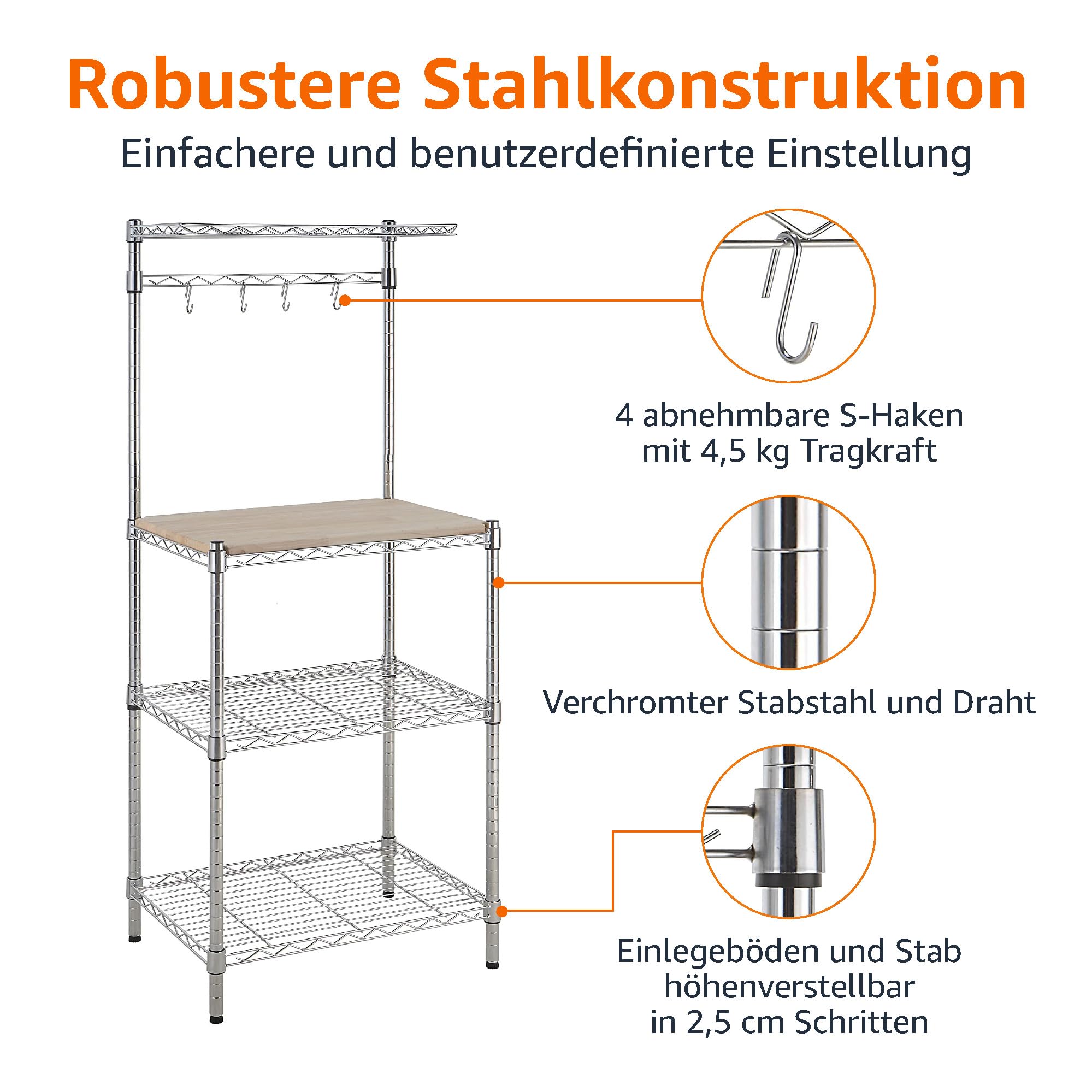 Amazon Basics 3 Küchenregal, Bäckergestell mit Holztisch, Chrom, Holz, 61 cm Chrome, Beige