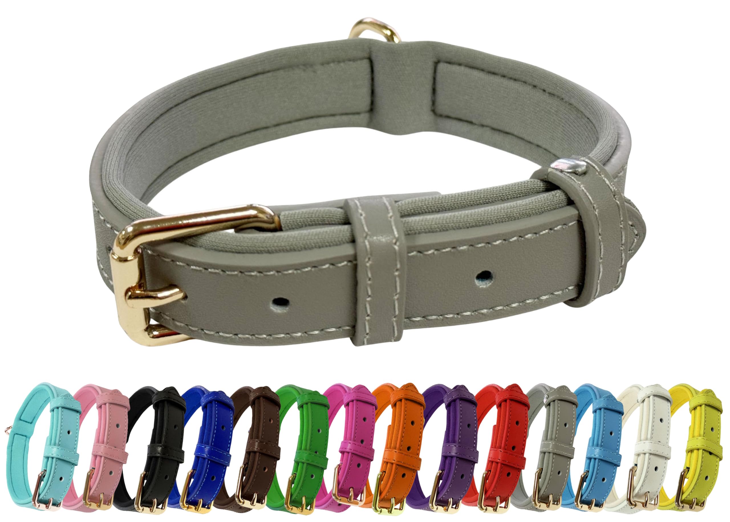 Vibrant Genuine Leather Adjustable Dog Collar with Soft Neoprene Padding, Metal Buckle and D-Ring, For Small, Medium & Large Dogs (Silver, Medium (28-36cm Neck))