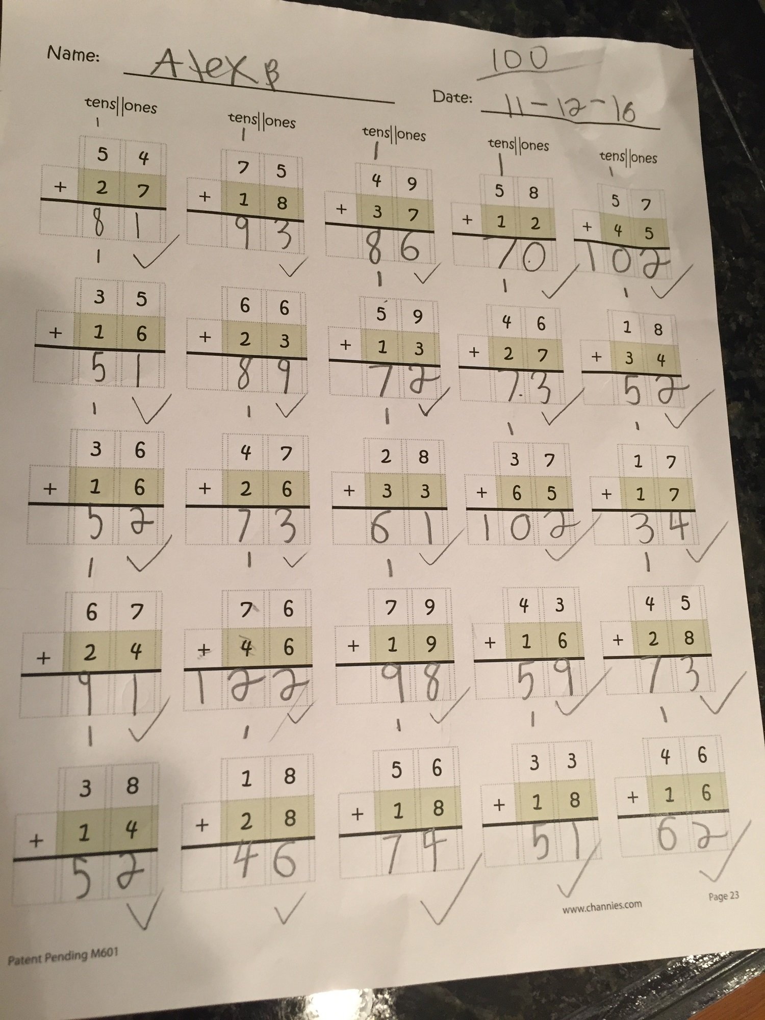 Channie's Eine Seite pro Tag, zweistellige Mathematikübungs-Arbeitsblätter, insgesamt 100 Seiten Vorder- und Rückseite (50 Blatt) im 2er-Pack-Set, Klasse 1., 2. und 3., Größe 21,6 x 27,9 cm (2 Stück)