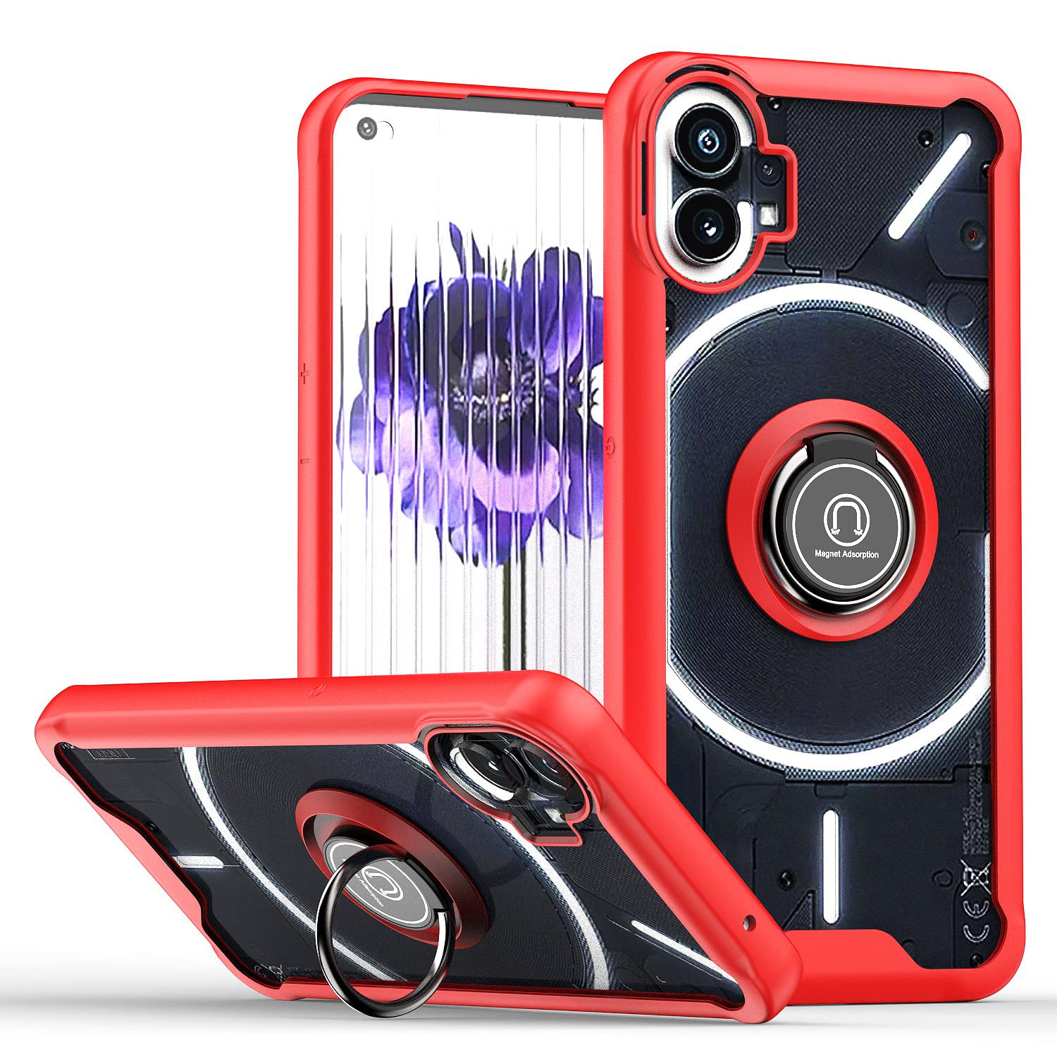 CovermaxCase Compatible with Nothing Phone (1),Shockproof Magnetic Ring Car Mount Holder Bumper Transparent Cover for Nothing Phone 1 (Red)