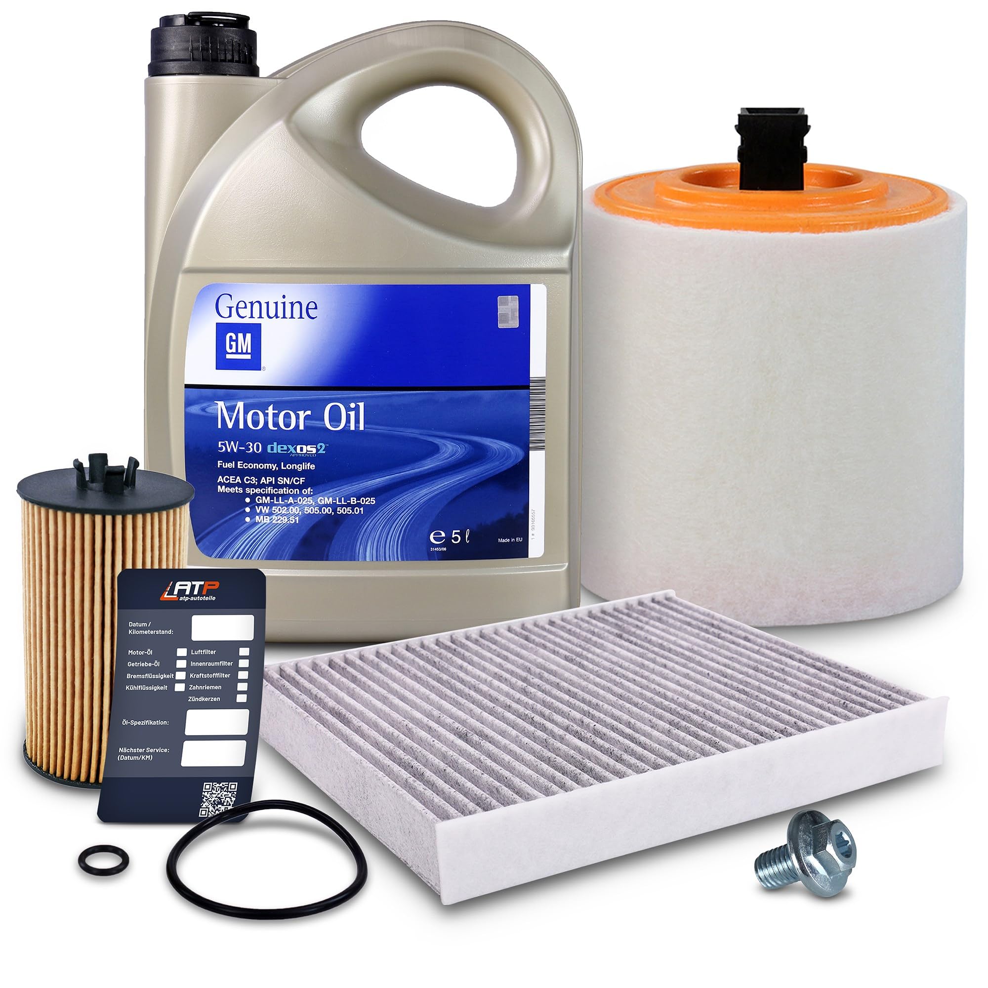 BESTPRICE Inspektionspaket Filterset mit 1x Öfilter, 1x Innenraumfilter, 1x Luftfilter, 4l Motoröl 5W-30 DEXOS 2, 1x Ölwechselanhänger Kompatibel mit OPEL Astra K Sports Tourer (B16), Astra K (B16)