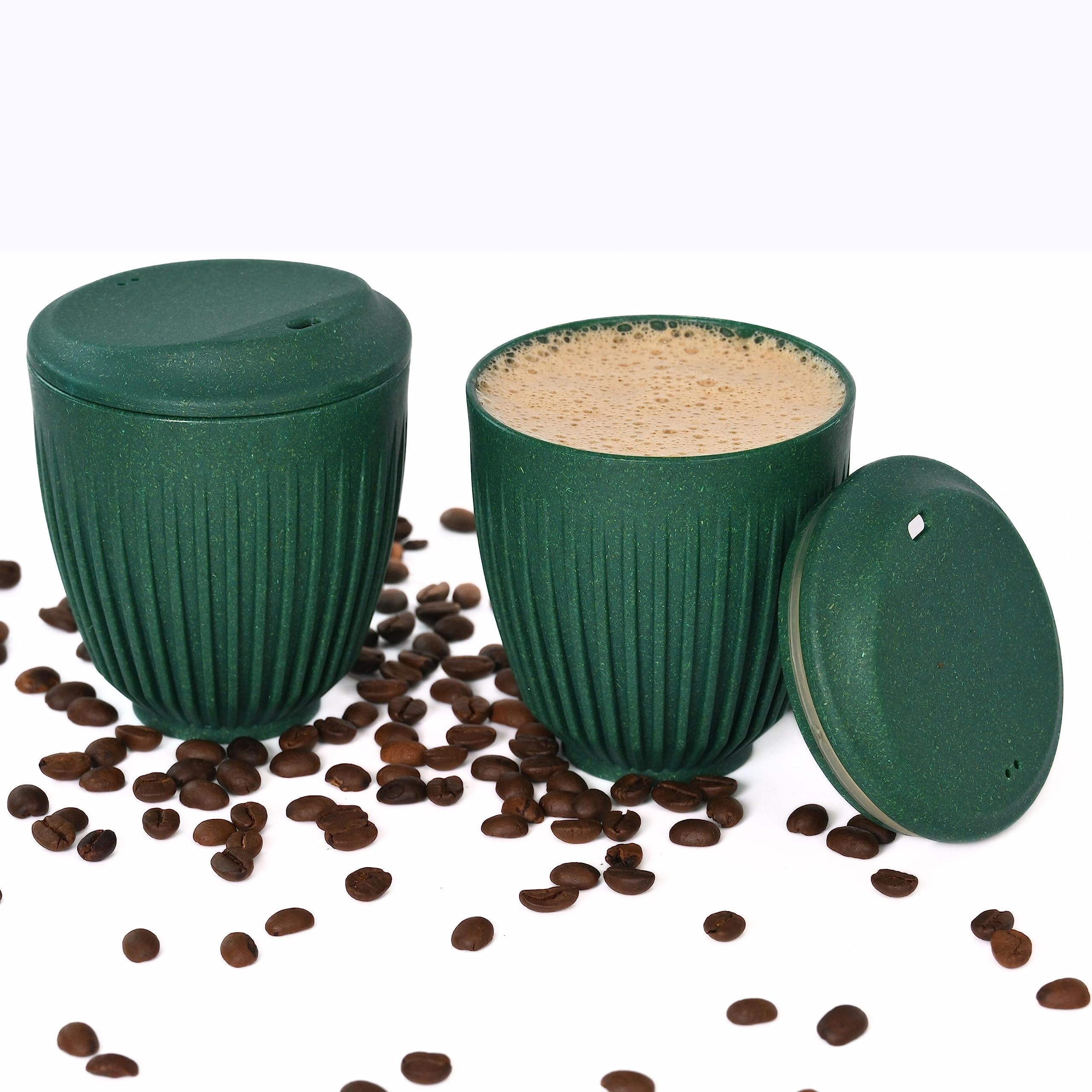 Eha Earth Friendly Retro Coffee Mug with Lid | Tea Cup Set of 2 | 250 ml | Made with Rice Husk | Microwave Safe Mugs for Gifting | Fern