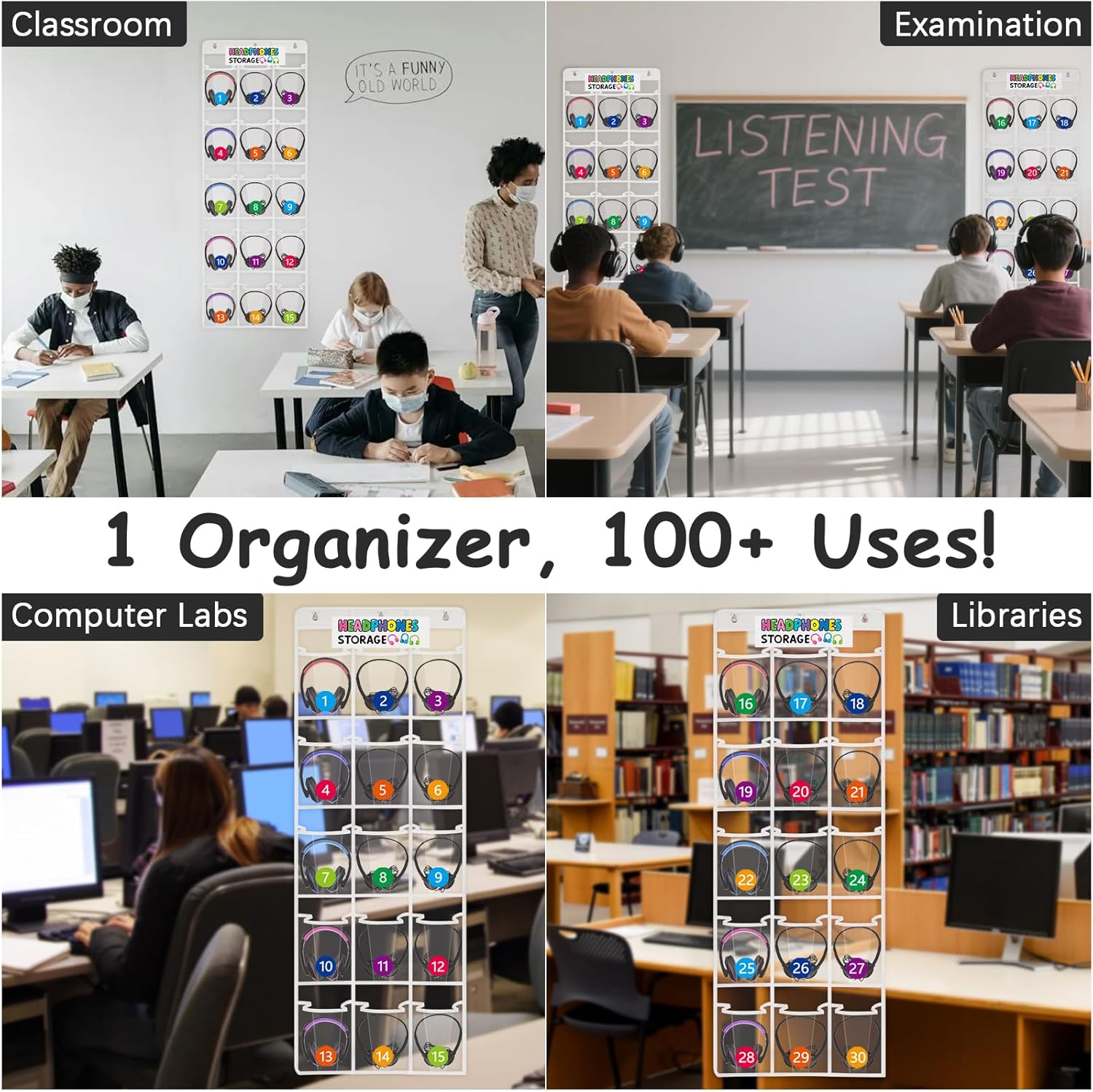 2 Pack Classroom Headphone Storage Organizer with 30 Pockets, PVC Clear Classroom Pocket Chart for Headphone Cell Phone Over-the-Door Hanging Headphone Holder Bag with 62 Labels(White)