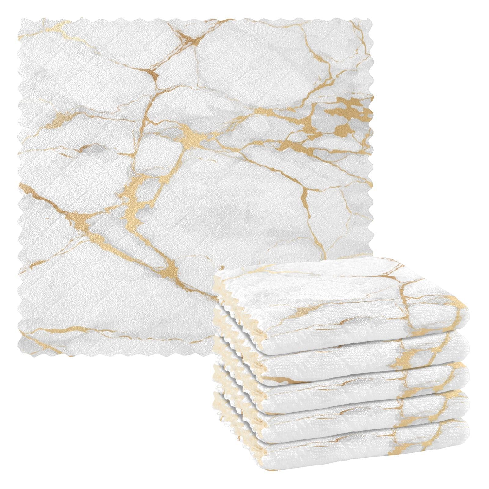 Microfibre Cleaning Cloths White Marble Golden Edge Reusable Dish Cloths for Washing Up 6 Pack Swedish Dishcloth Microfibre Cleaning Towels Washable Duster Rags Cloth Home