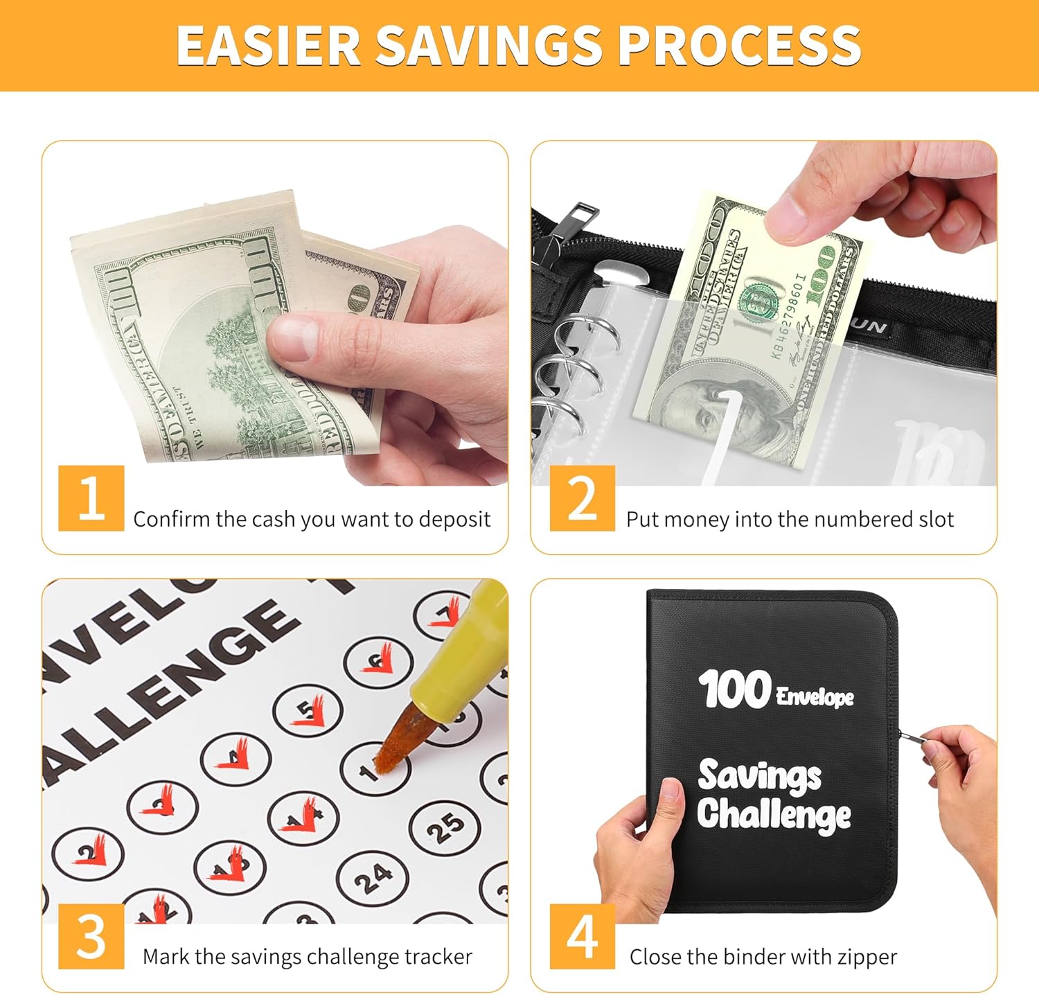 JUNDUN 100 Envelopes Money Saving Challenge，Fireproof Savings Challenges Book with Envelopes,Saving Challenge Binder with Zipper,Easy and Fun Way to Save $5,050